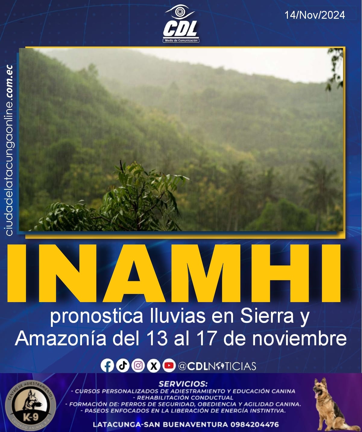 Inamhi pronostica lluvias en Sierra y Amazonía del 13 al 17 de noviembre