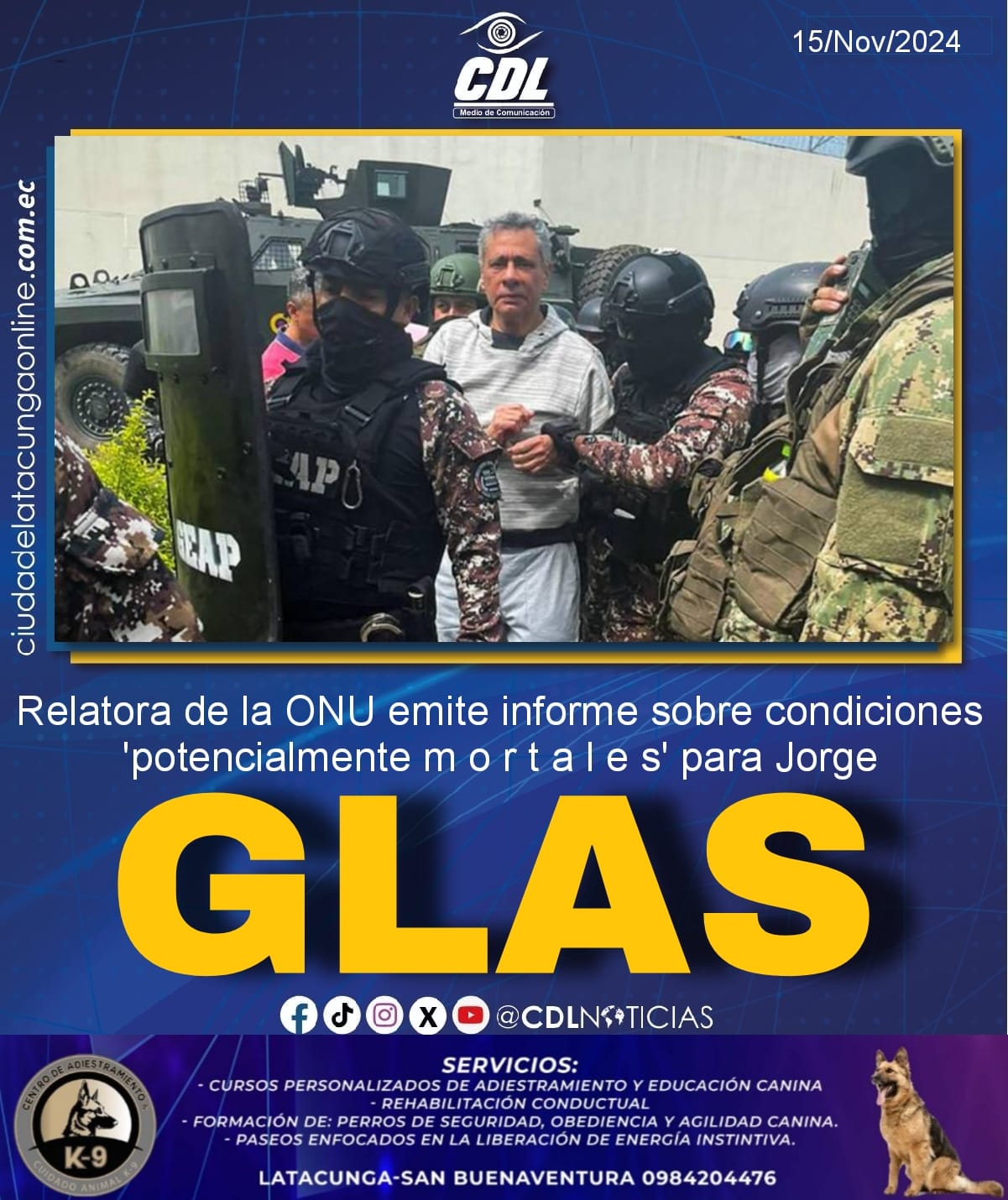 Relatora de la ONU emite informe sobre condiciones ‘potencialmente m o r t a l e s’ para Jorge Glas en La Roca