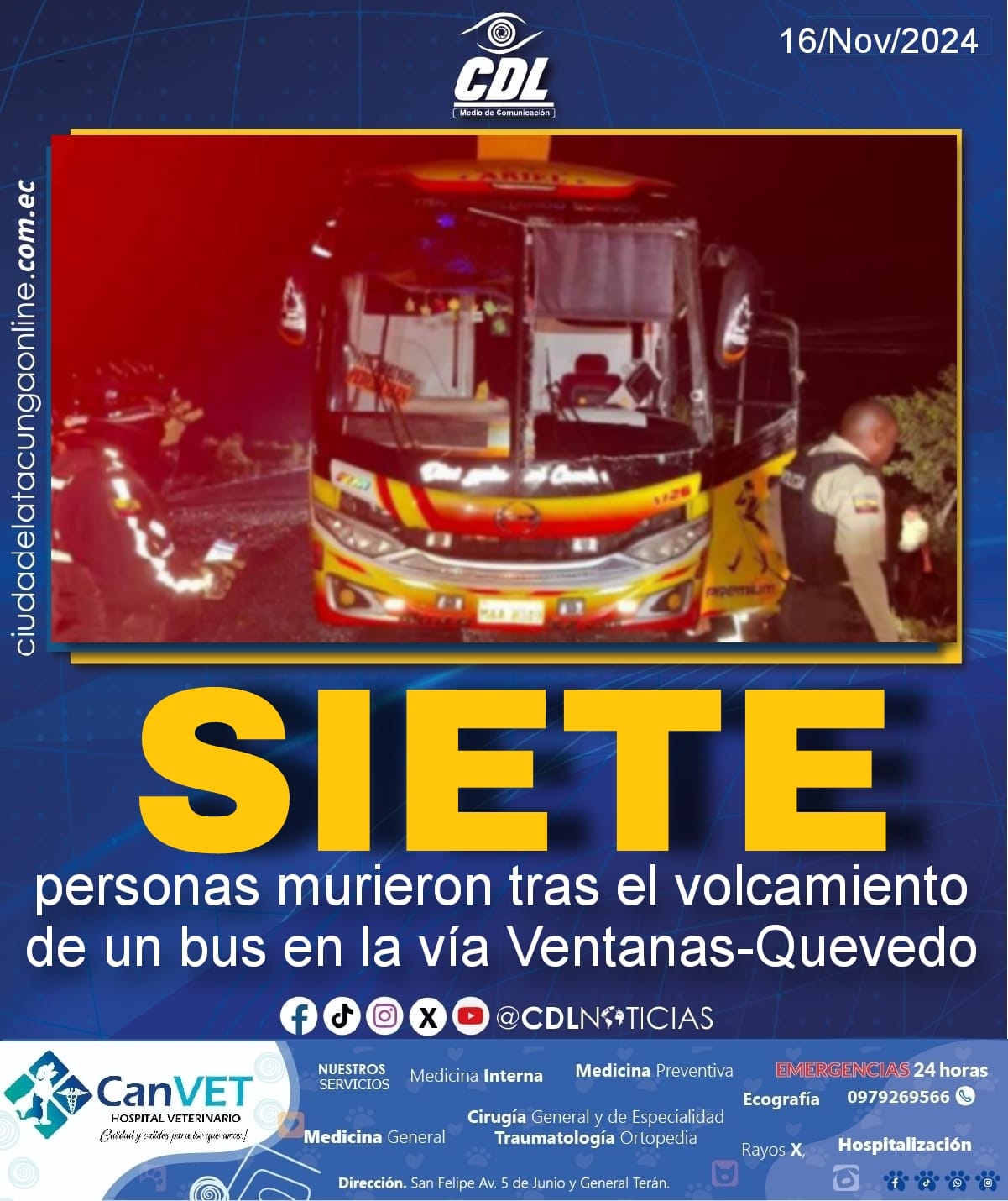 Siete personas murieron tras el volcamiento de un bus en la vía Ventanas-Quevedo