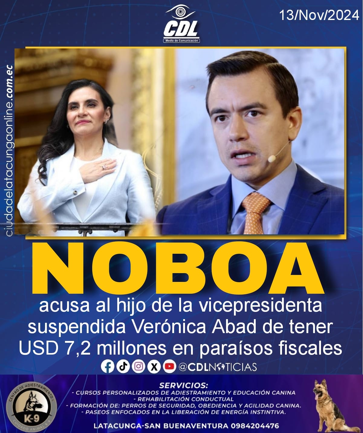 Noboa acusa al hijo de la vicepresidenta suspendida Verónica Abad de tener USD 7,2 millones en paraísos fiscales