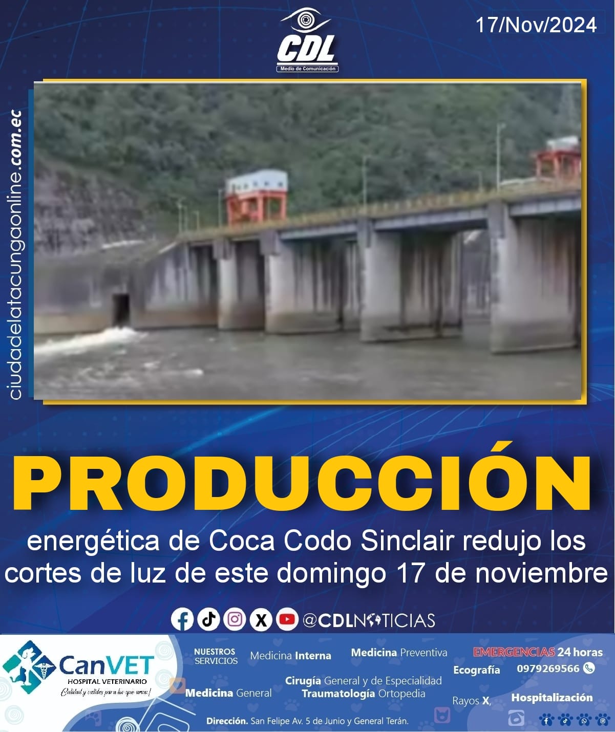 La producción energética de Coca Codo Sinclair redujo los cortes de luz de este domingo 17 de noviembre