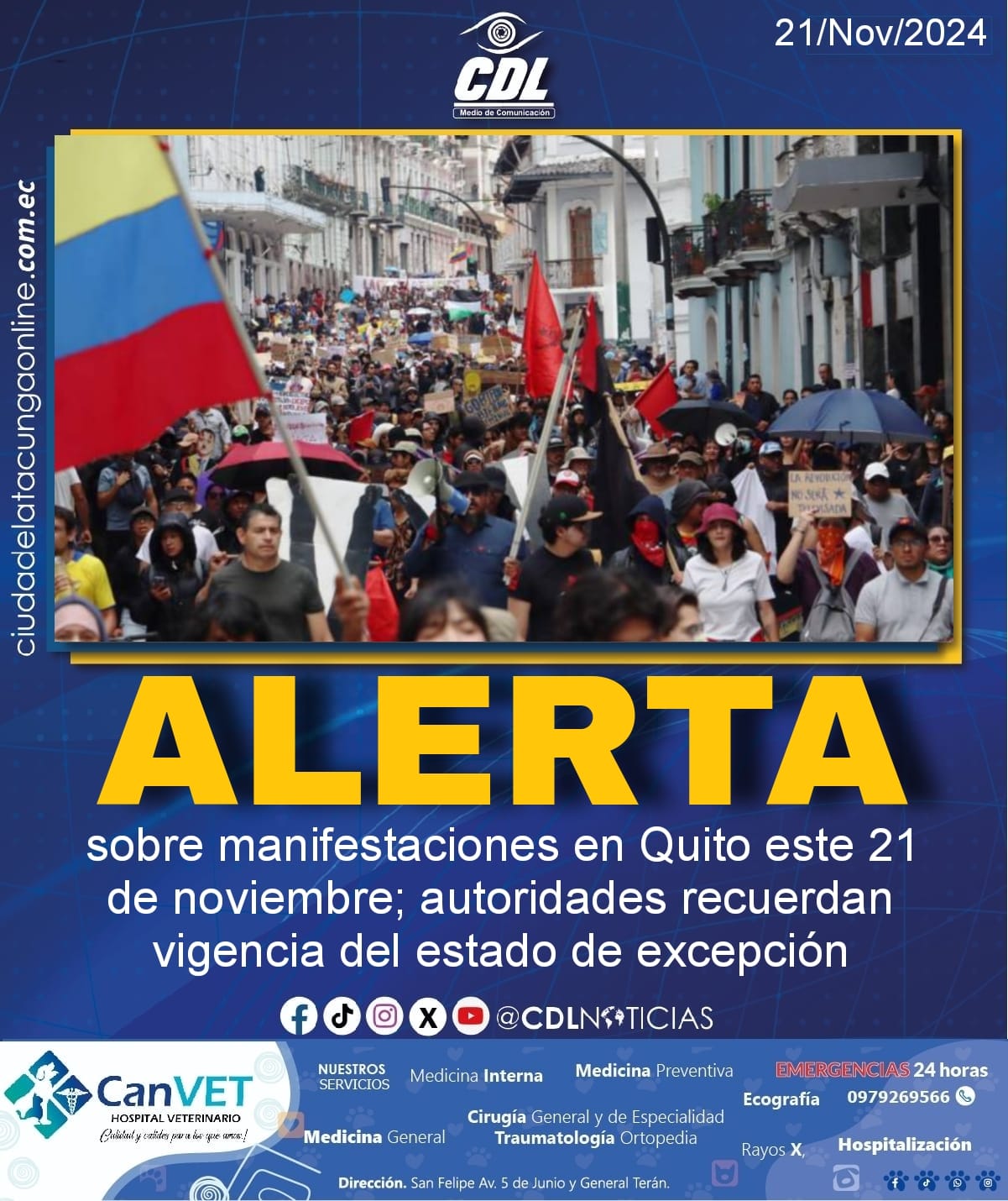 Hay alerta sobre manifestaciones en Quito este 21 de noviembre; autoridades recuerdan vigencia del estado de excepción