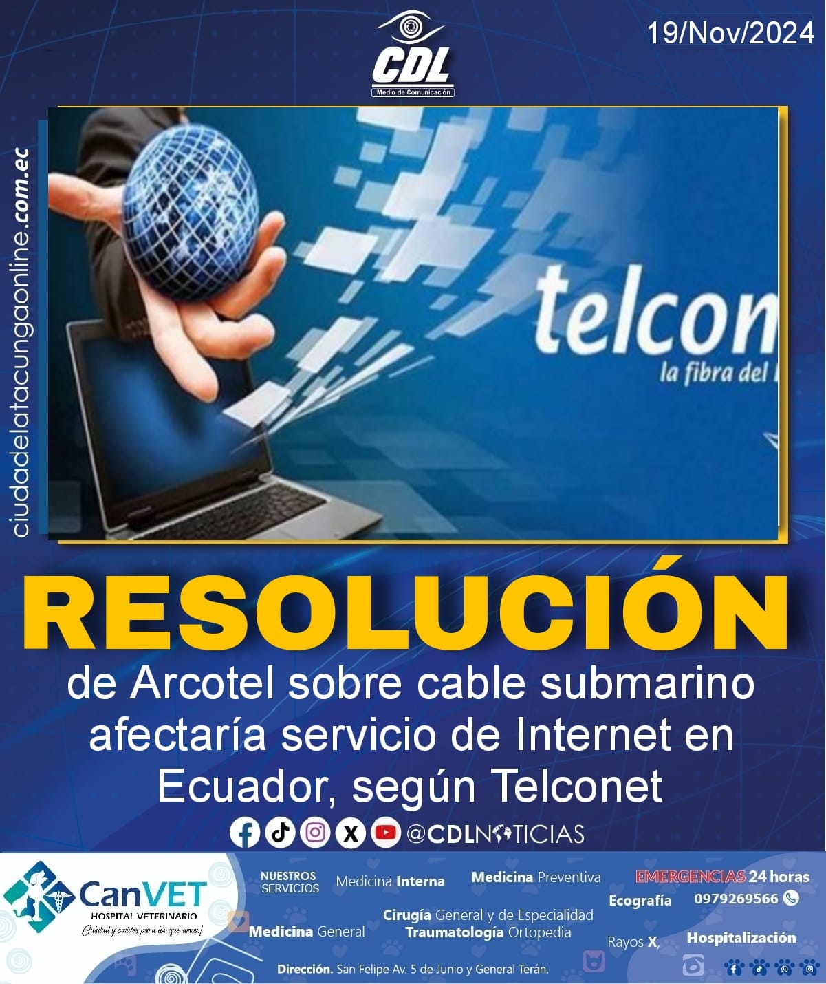 Resolución de Arcotel sobre cable submarino afectaría servicio de Internet en Ecuador, según Telconet