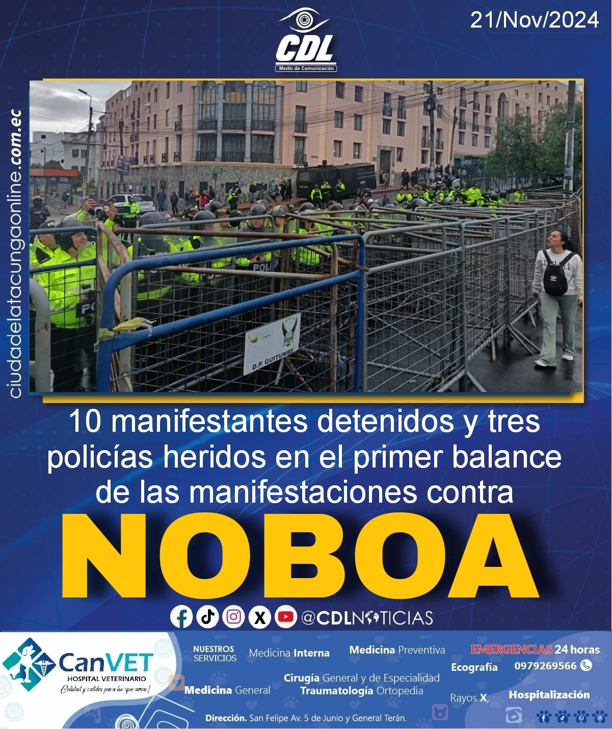 10 manifestantes detenidos y tres policías heridos en el primer balance de las manifestaciones contra Noboa