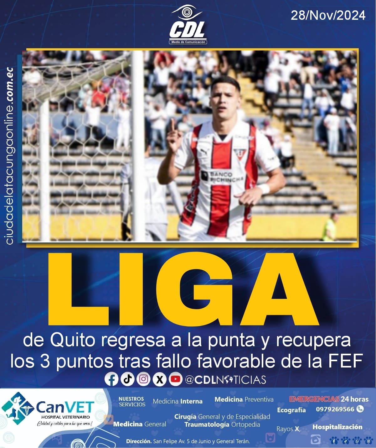 Liga de Quito regresa a la punta y recupera los 3 puntos tras fallo favorable de la FEF