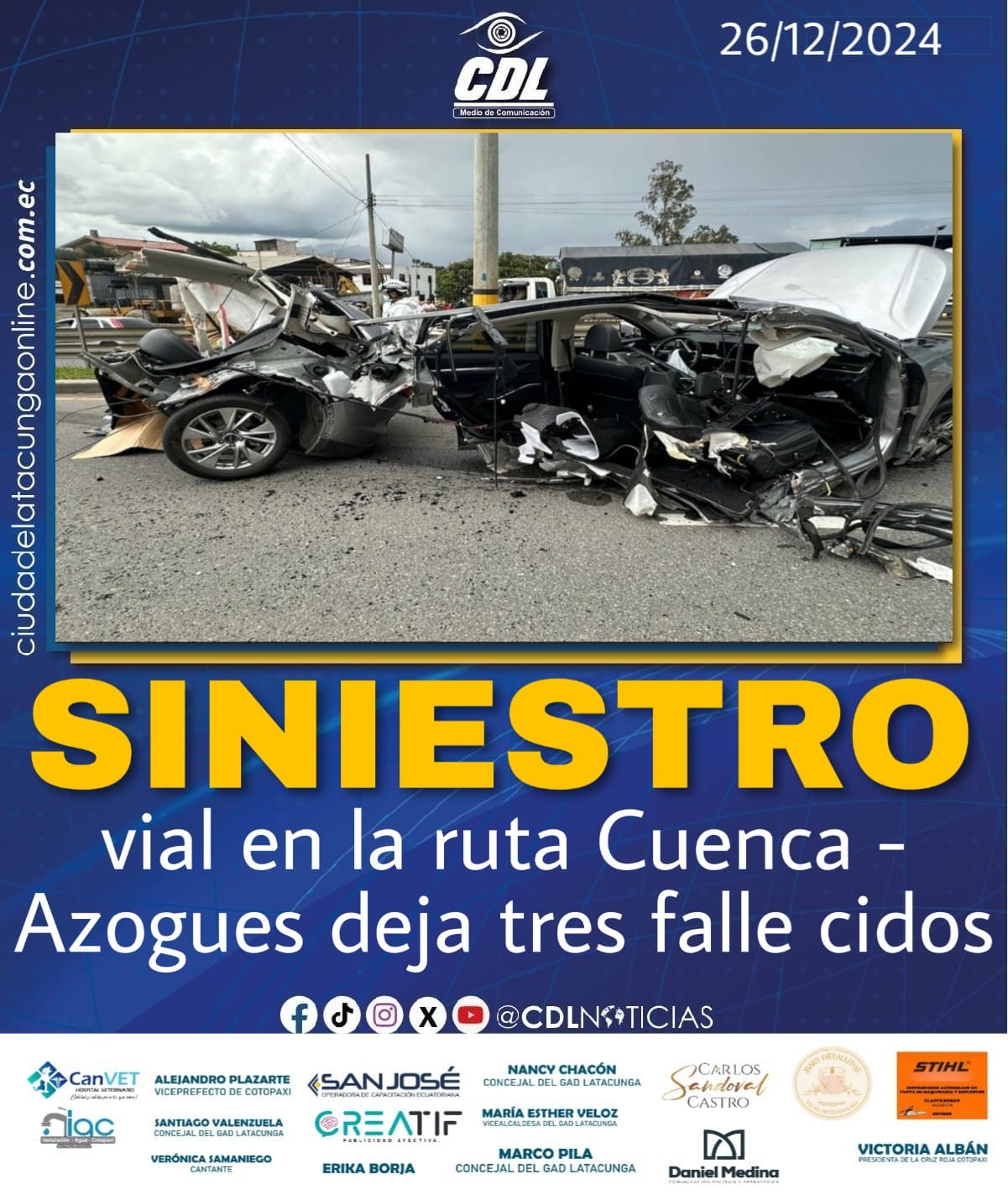 Siniestro vial en la ruta Cuenca-Azogues deja tres falle cidos