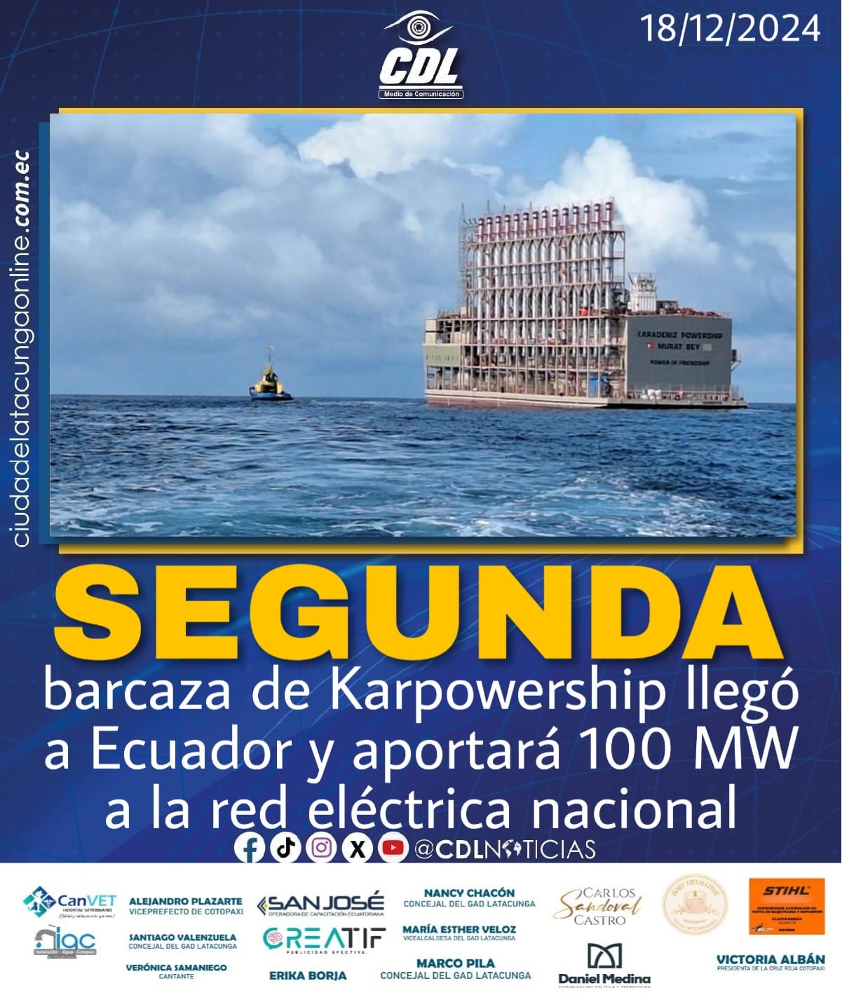 Segunda barcaza de Karpowership llegó a Ecuador y aportará con 100 MW a la red eléctrica nacional