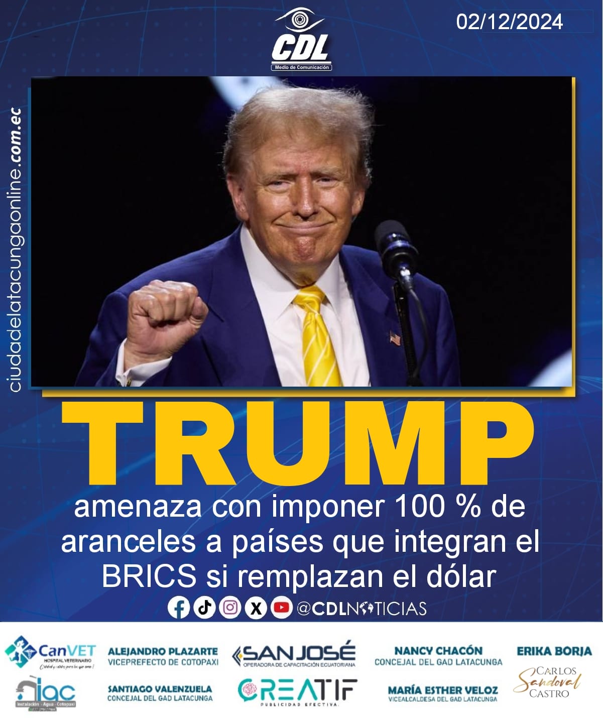 Donald Trump amenaza con imponer 100 % de aranceles a países que integran el BRICS si remplazan el dólar