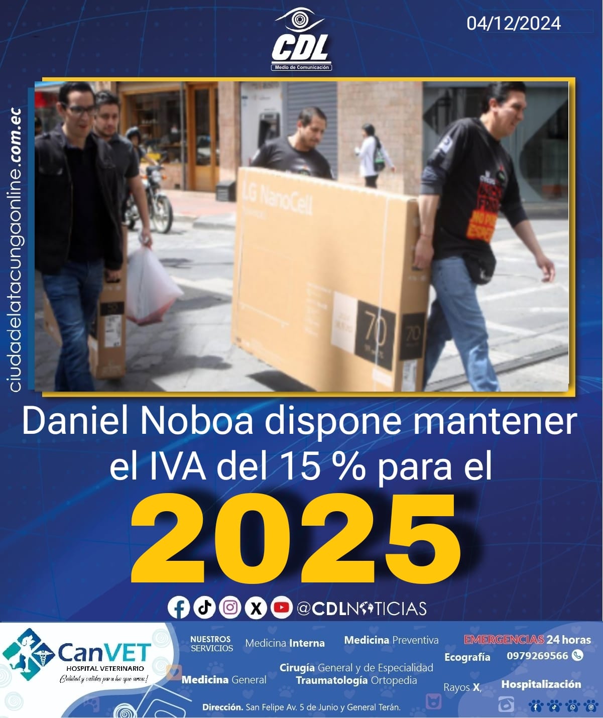 Daniel Noboa dispone mantener el IVA del 15 % para el 2025