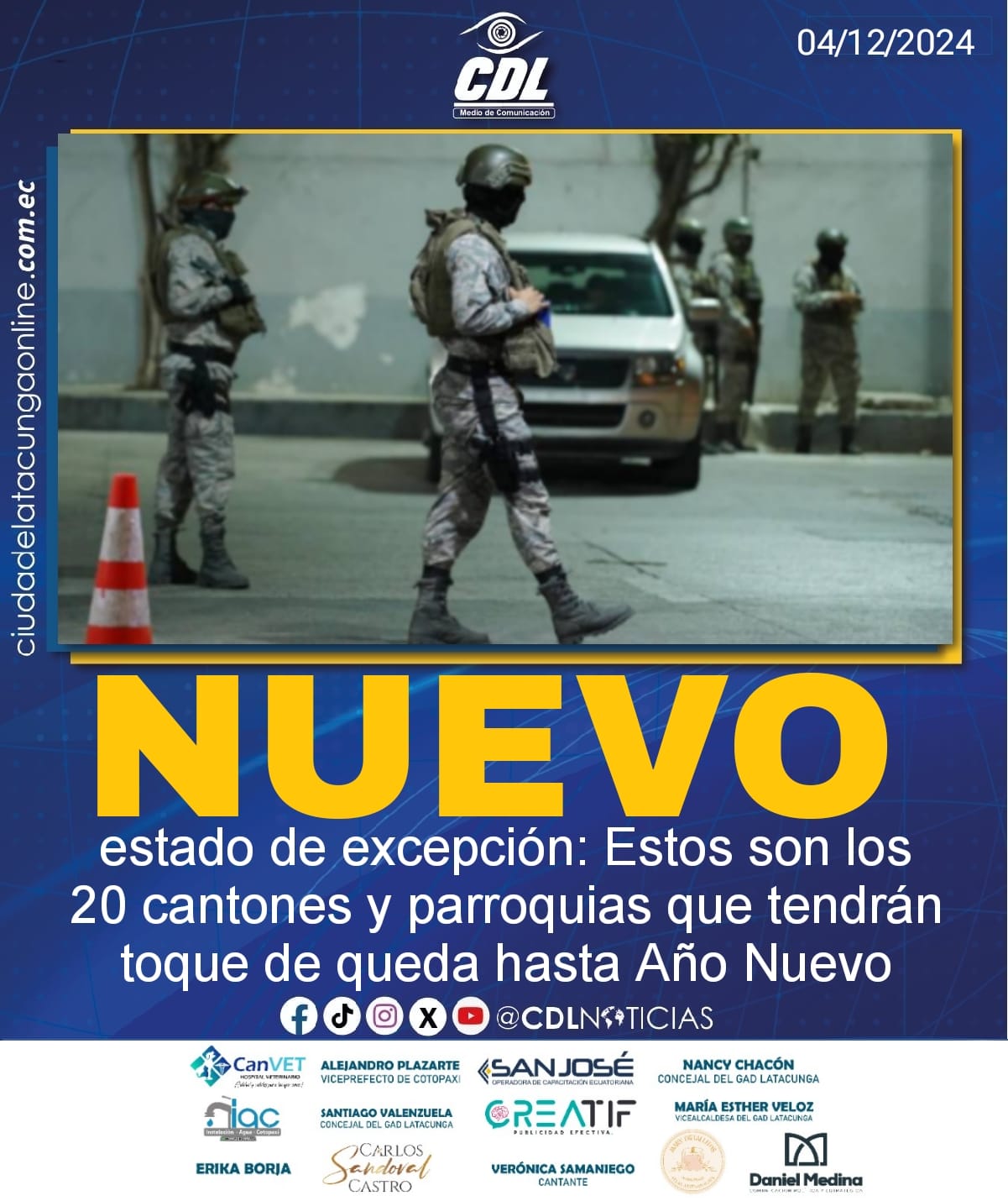 Nuevo estado de excepción: Estos son los 20 cantones y parroquias que tendrán toque de queda hasta Año Nuevo