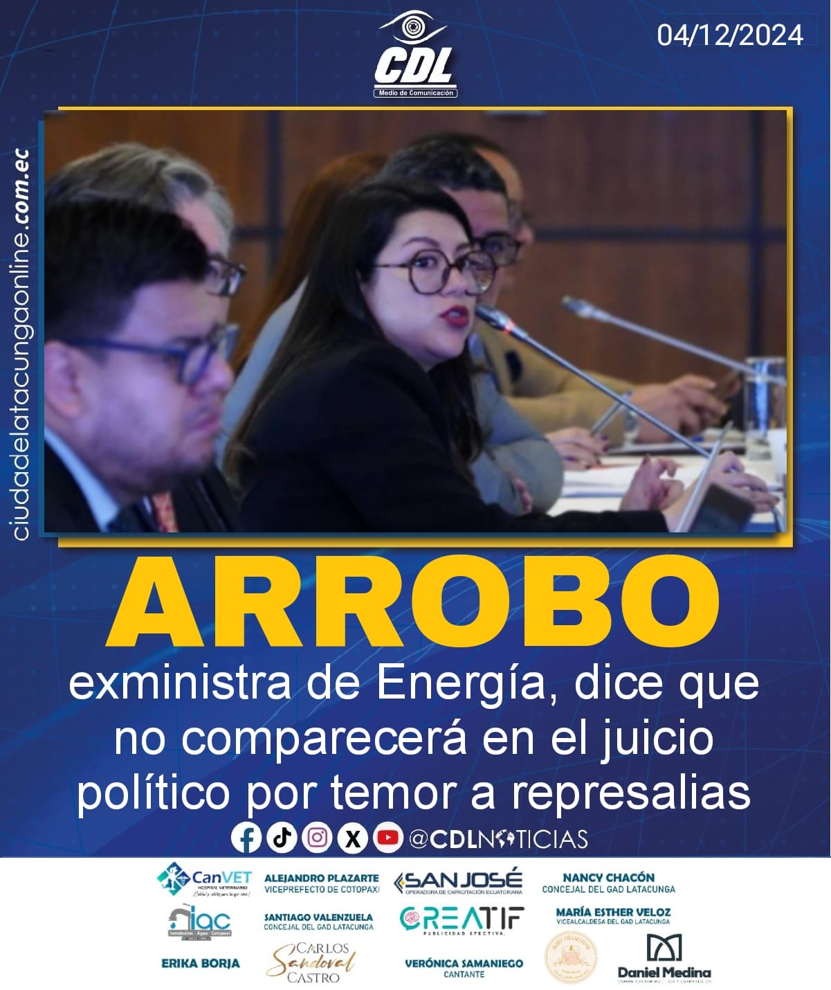Andrea Arrobo, exministra de Energía, dice que no comparecerá en el juicio político por temor a represalias