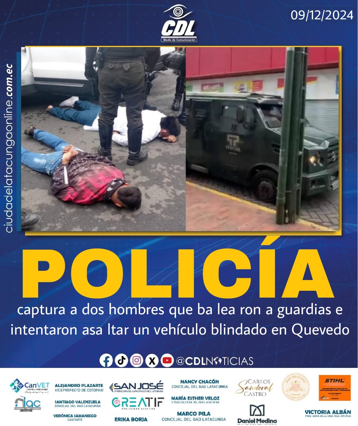 La Policía captura a dos hombres que balearon a guardias e intentaron asaltar un vehículo blindado en Quevedo