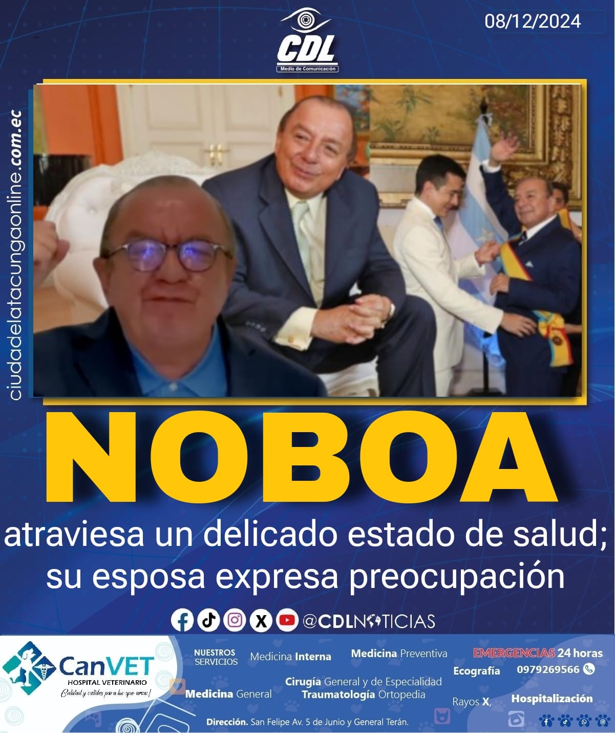 Álvaro Noboa atraviesa un delicado estado de salud; su esposa expresa preocupación