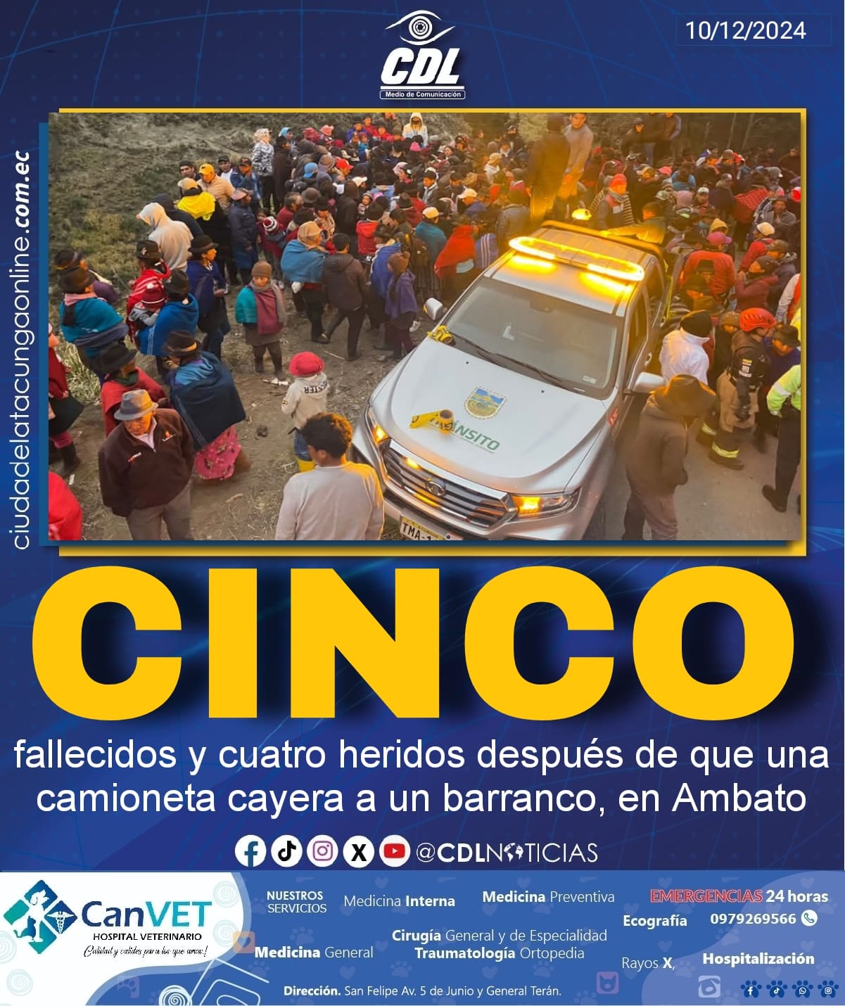 Cinco fallecidos y cuatro heridos después de que una camioneta cayera a un barranco, en Ambato
