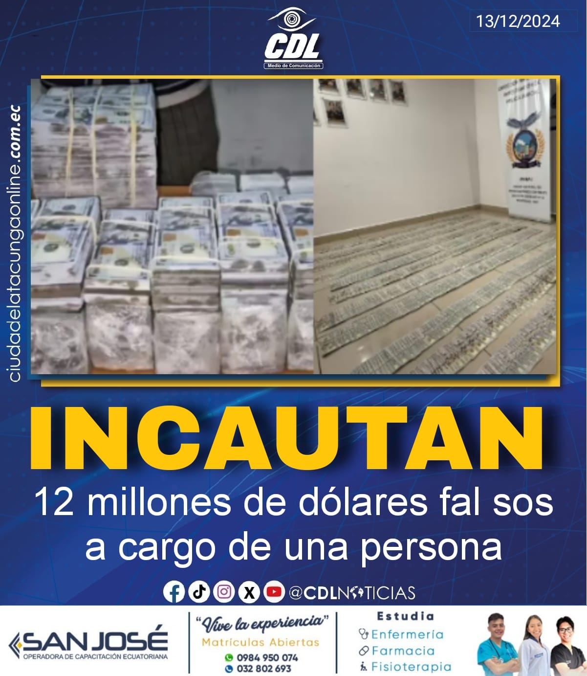 Quito: Incautan 12 millones de dólares fal sos a cargo de una persona