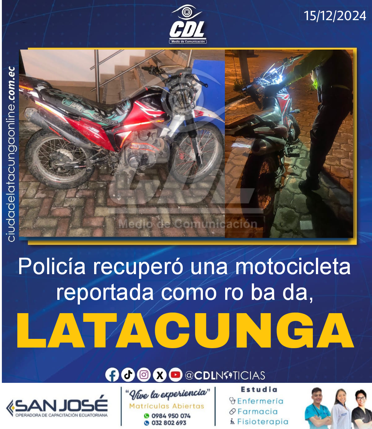 Policía recuperó una motocicleta reportada como ro ba da en Latacunga