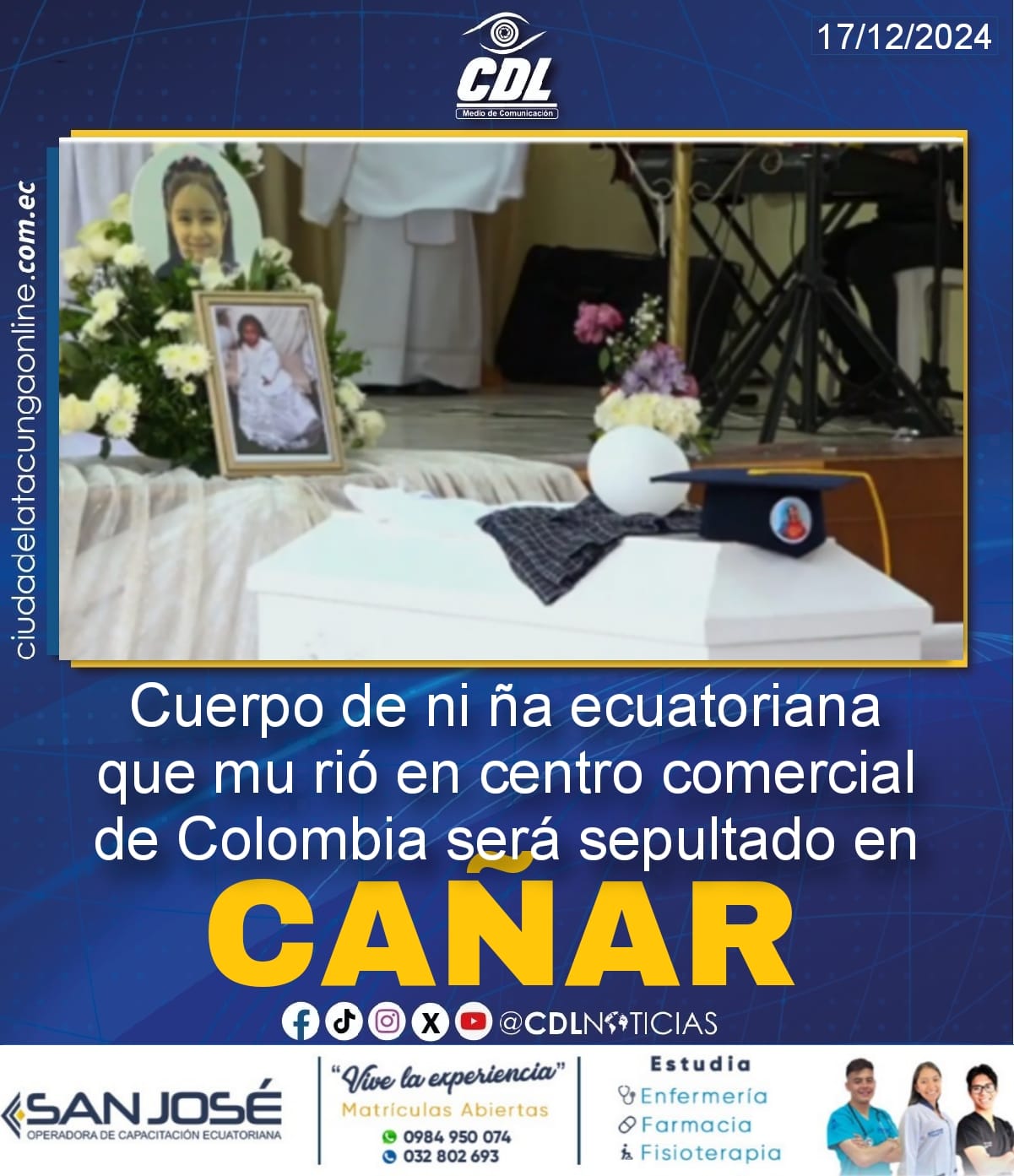 Cuerpo de ni ña ecuatoriana que mu rió en centro comercial de Colombia será sepultado en Cañar