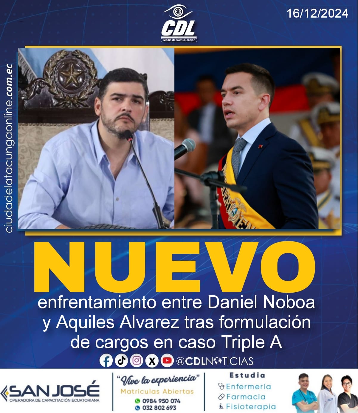 Nuevo enfrentamiento entre Daniel Noboa y Aquiles Alvarez tras formulación de cargos en caso Triple A