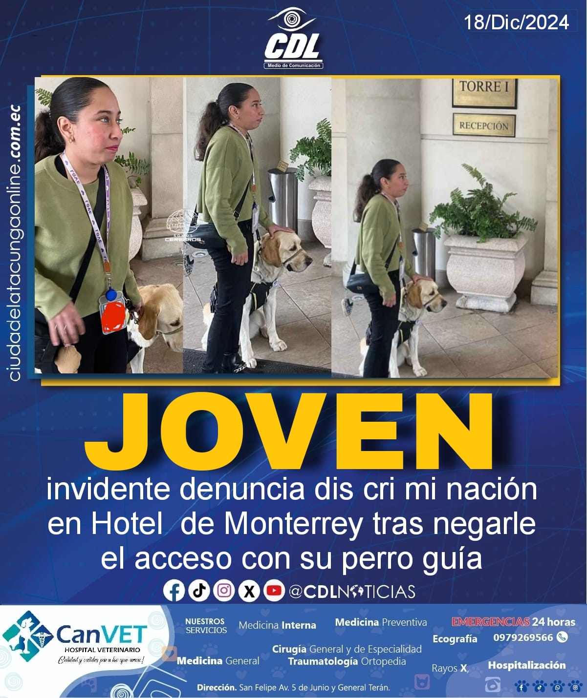 Joven invidente denuncia dis cri mi nación en Hotel de Monterrey tras negarle el acceso con su perro guía