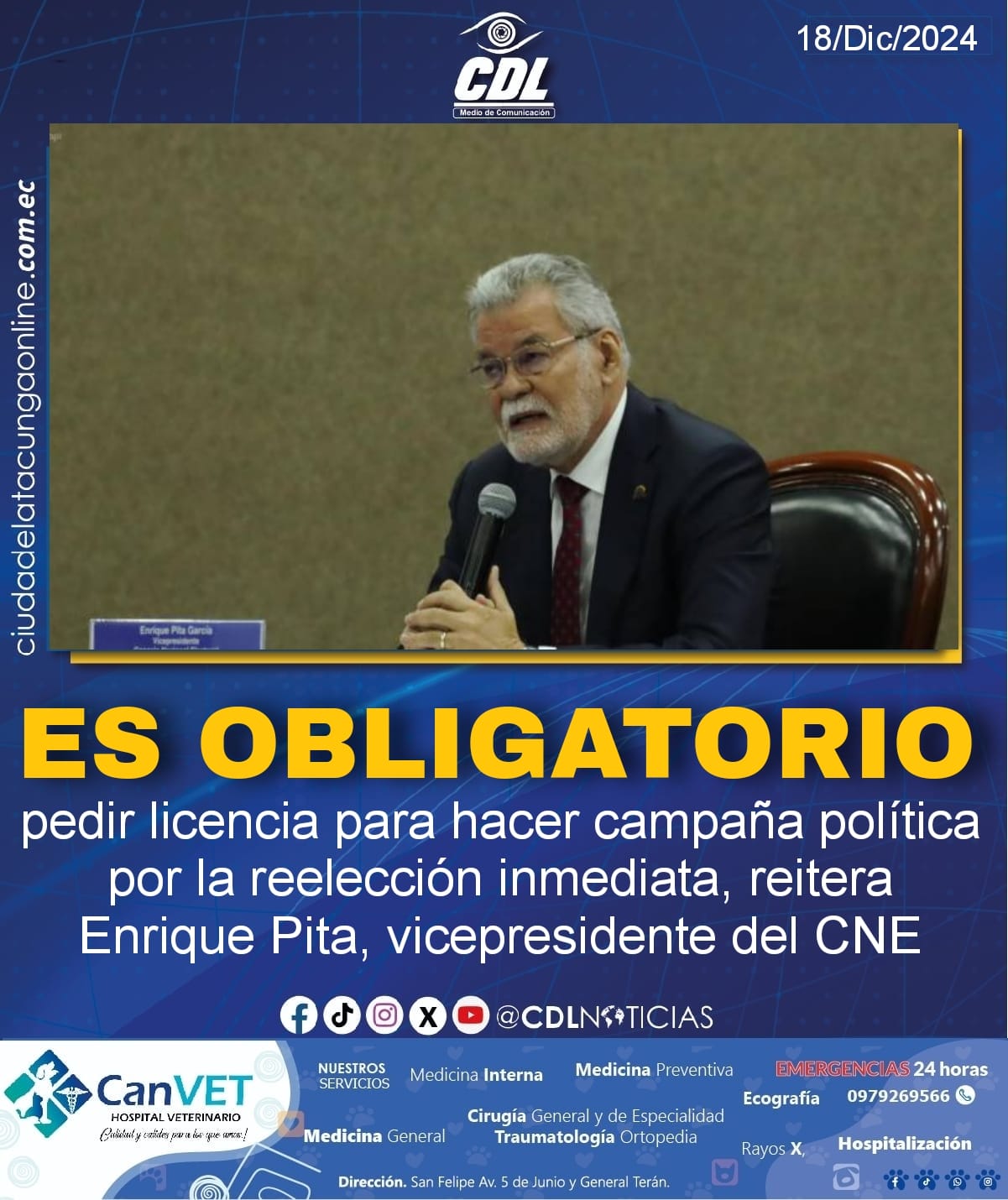 Es obligatorio pedir licencia para hacer campaña política por la reelección inmediata, reitera Enrique Pita, vicepresidente del CNE