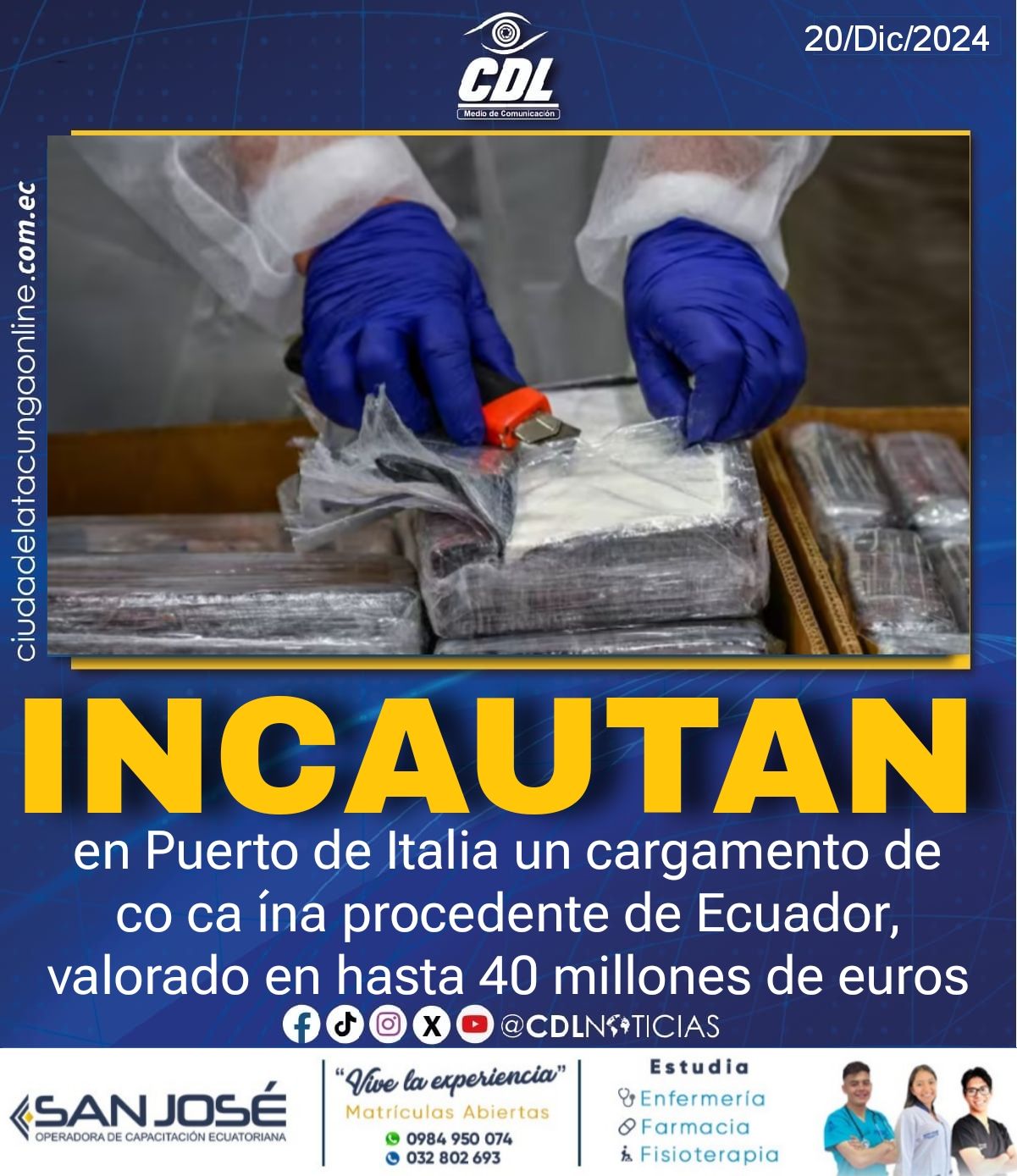 Incautan en Puerto de Italia un cargamento de co ca ína procedente de Ecuador, valorado en hasta 40 millones de euros