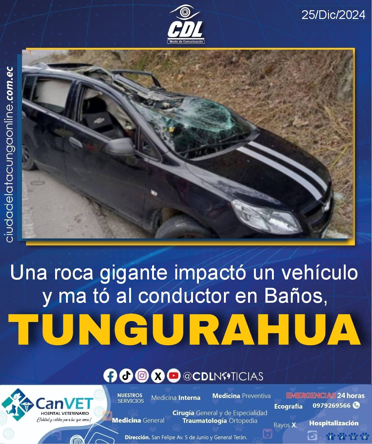 Una roca gigante impactó un vehículo y ma tó al conductor en el sector Manto de la Novia, Tungurahua