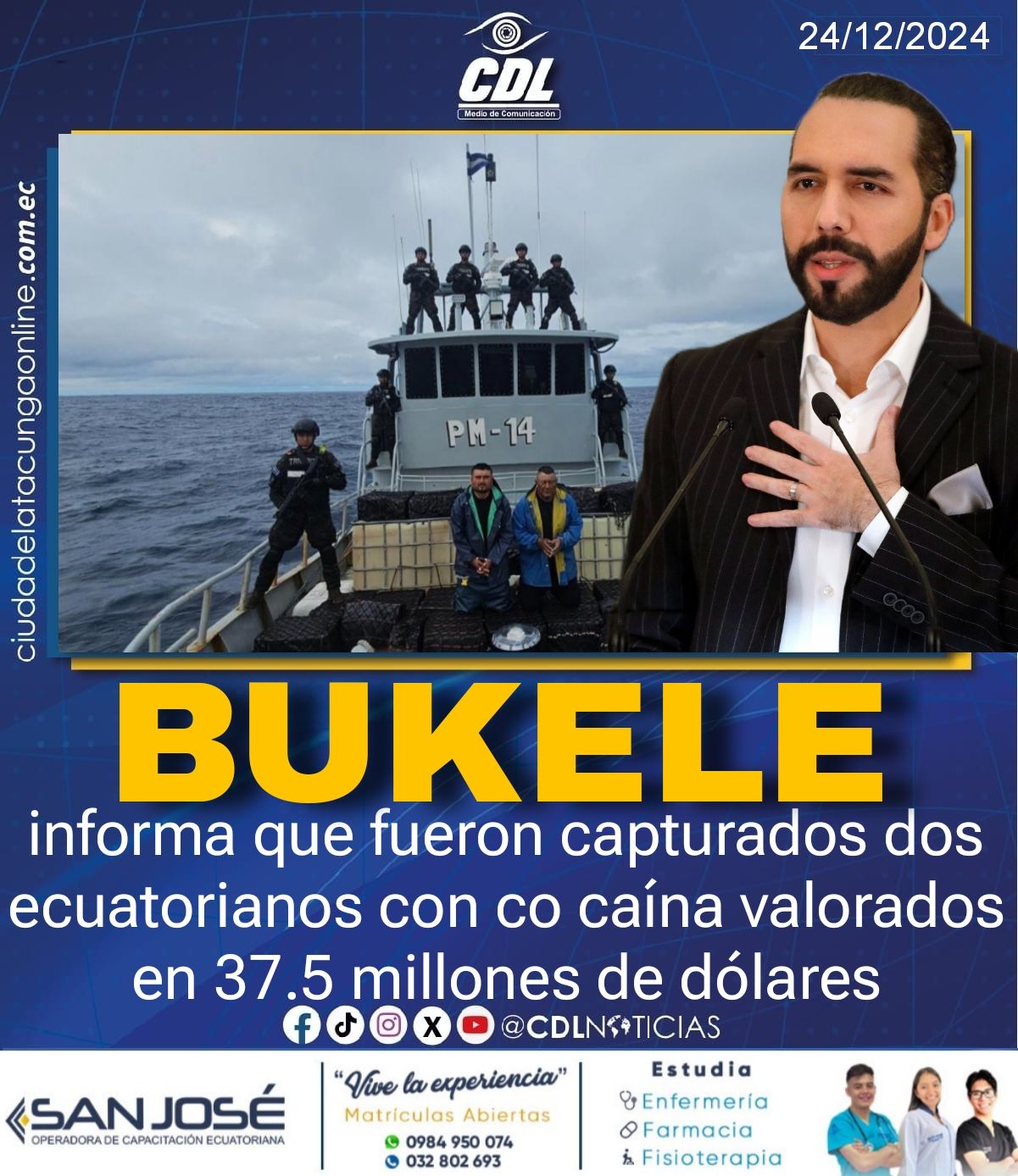 Bukele informa que fueron capturados dos ecuatorianos con co caína valorados en 37.5 millones de dólare