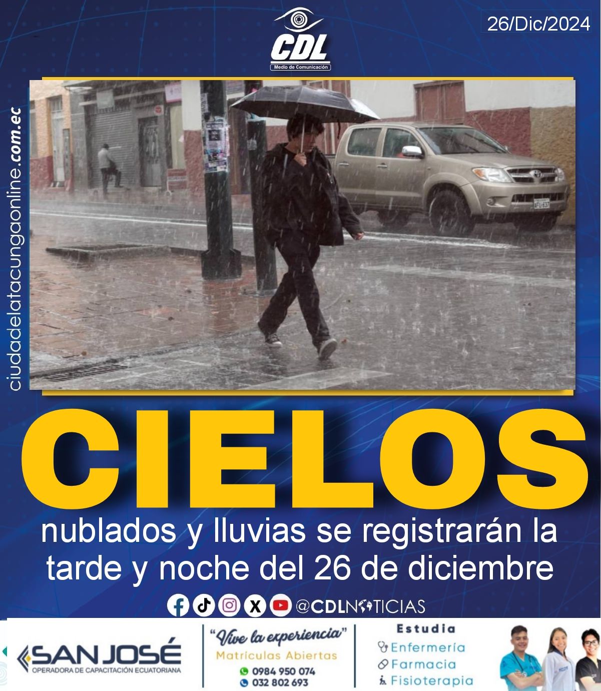 Cielos nublados y lluvias se registrarán la tarde y noche del 26 de diciembre
