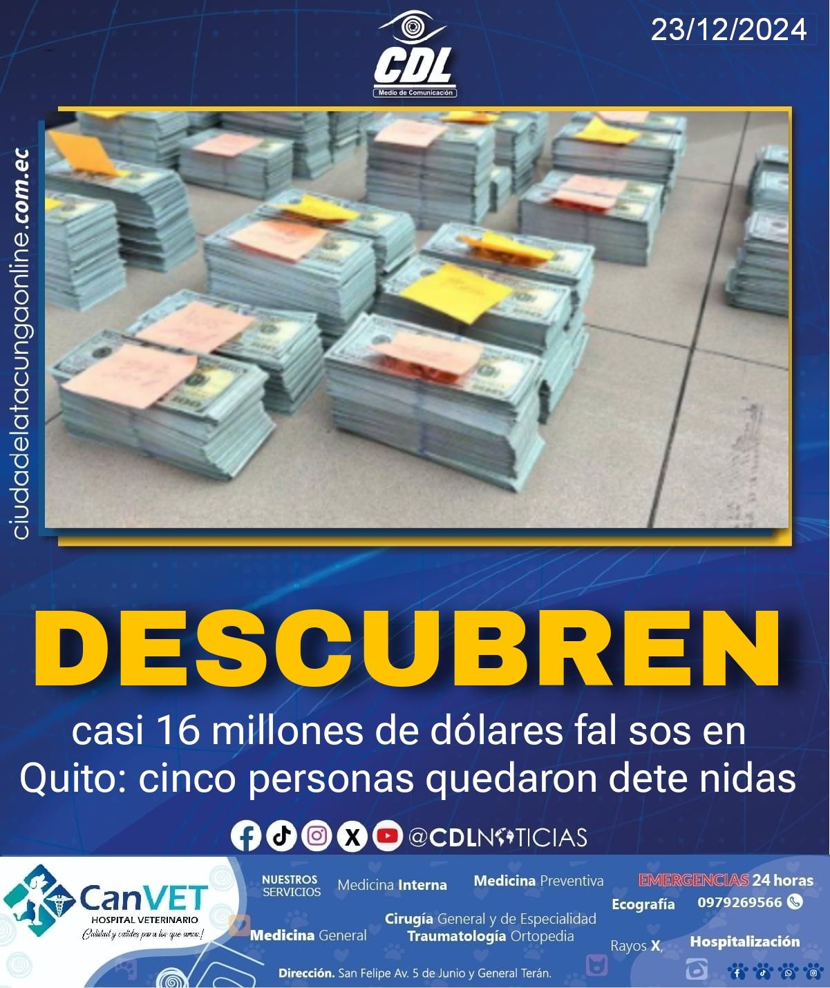 Descubren casi 16 millones de dólares fal sos en Quito: cinco personas quedaron dete nidas