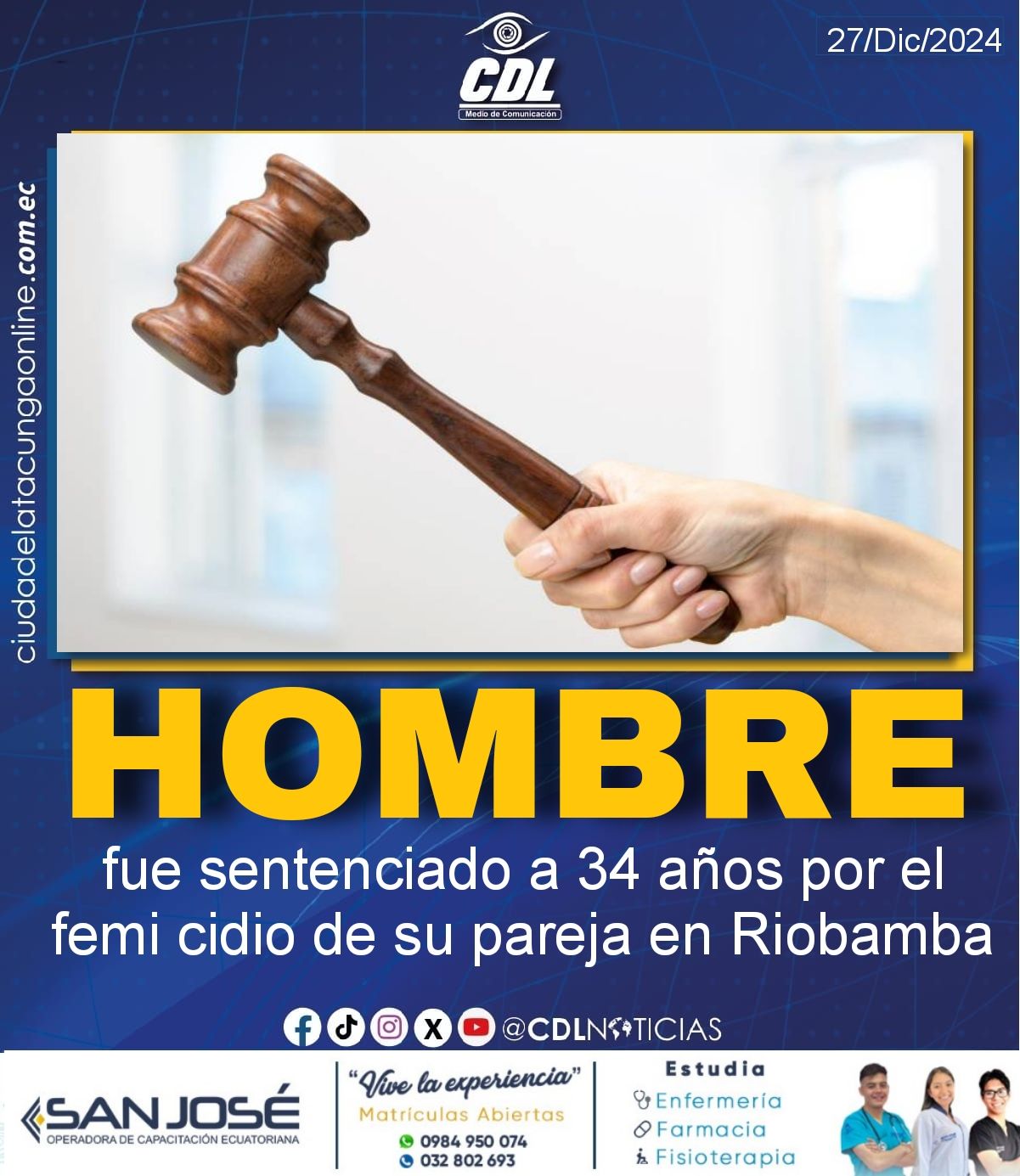 Hombre fue sentenciado a 34 años por el femicidio de su pareja en Riobamba