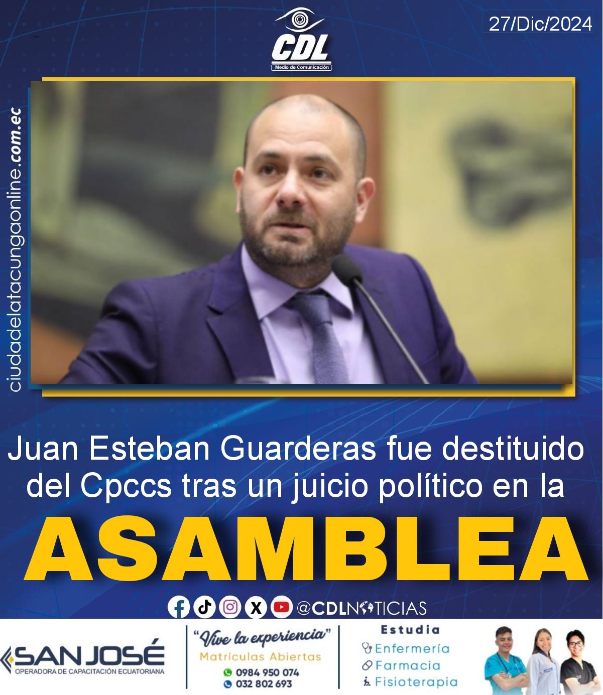 Juan Esteban Guarderas fue destituido del Cpccs tras un juicio político en la Asamblea