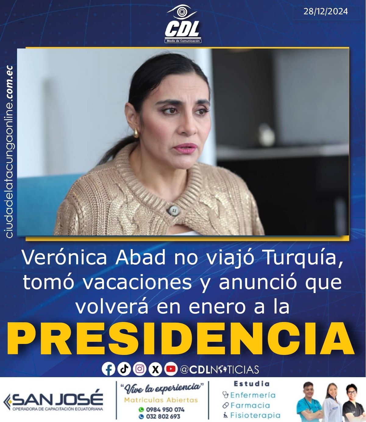 Verónica Abad no viajó Turquía, tomó vacaciones y anunció que volverá en enero a la Presidencia