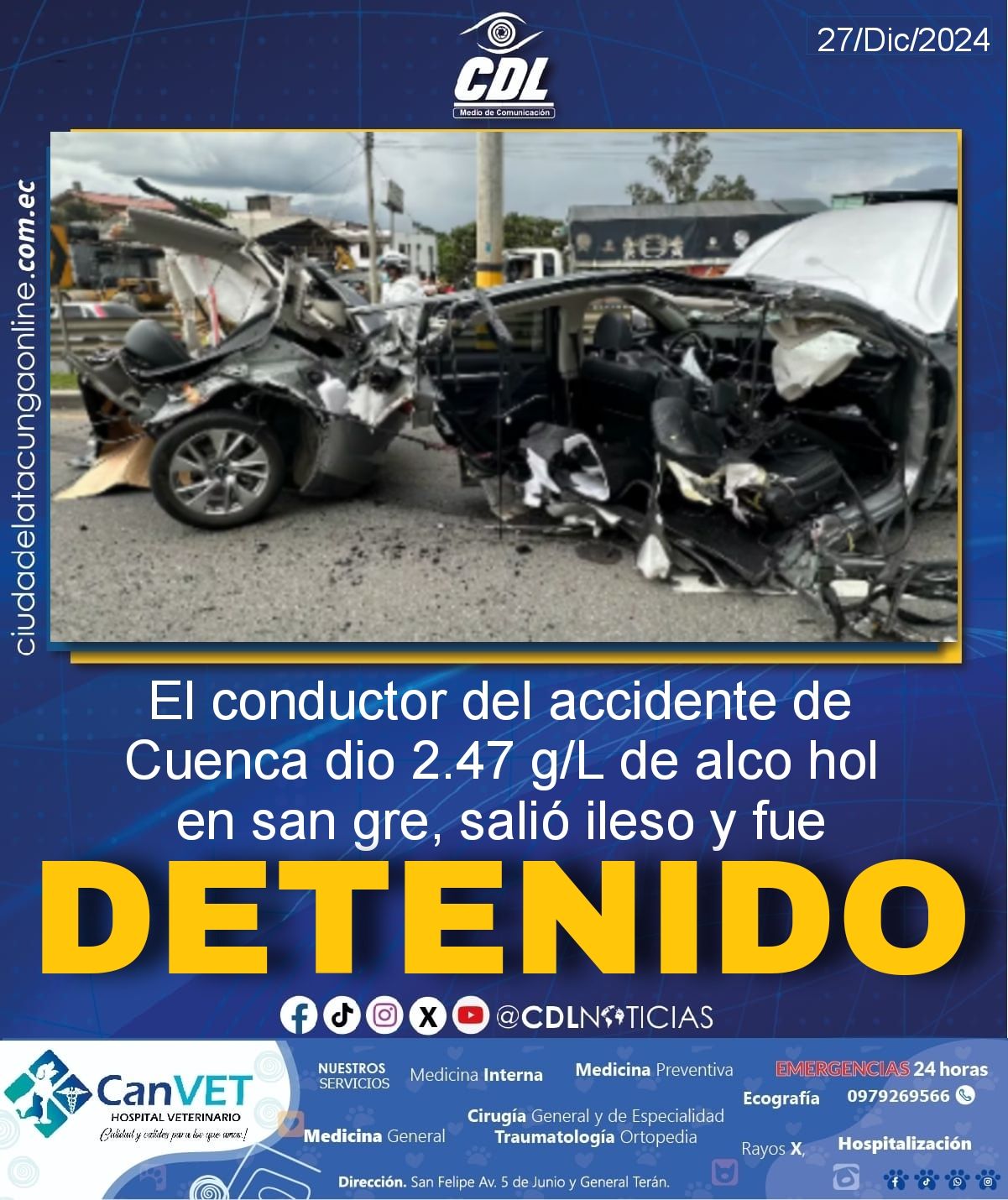 El conductor del accidente de Cuenca dio 2.47 g/L de alco hol en san gre, salió ileso y fue detenido