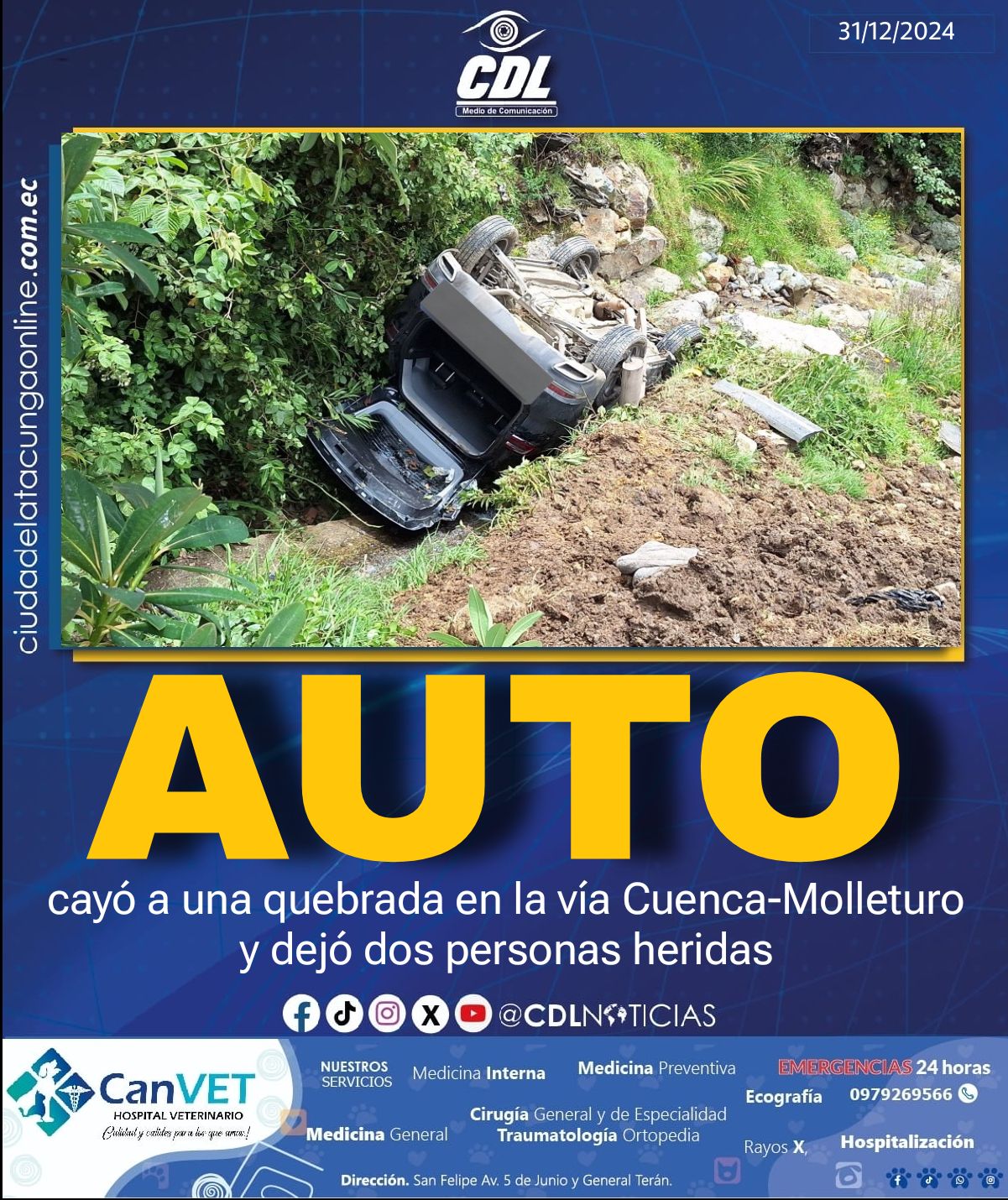 Un auto cayó a una quebrada en la vía Cuenca-Molleturo y dejó dos personas heridas