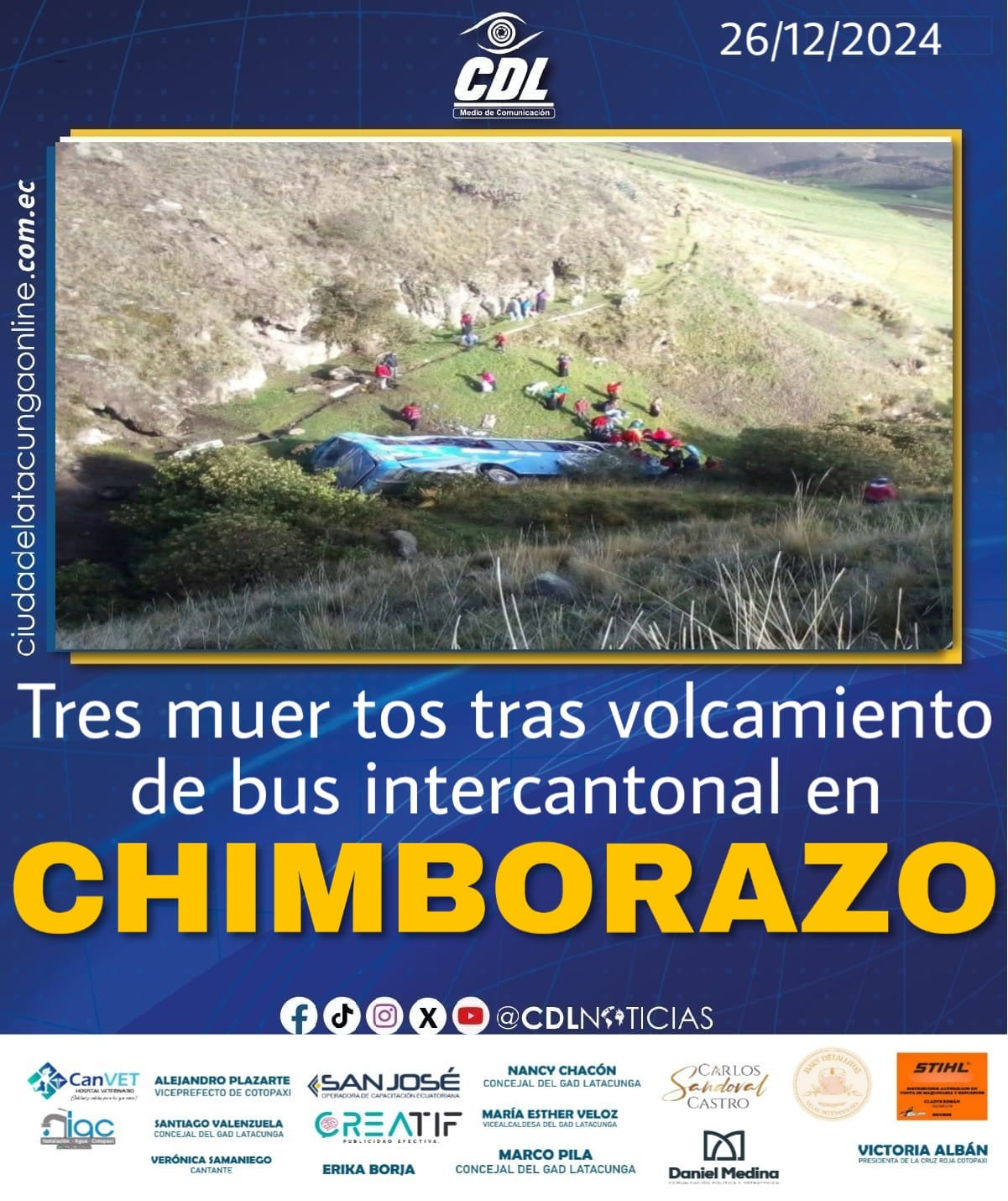 Tres muer tos tras volcamiento de bus intercantonal en Chimborazo