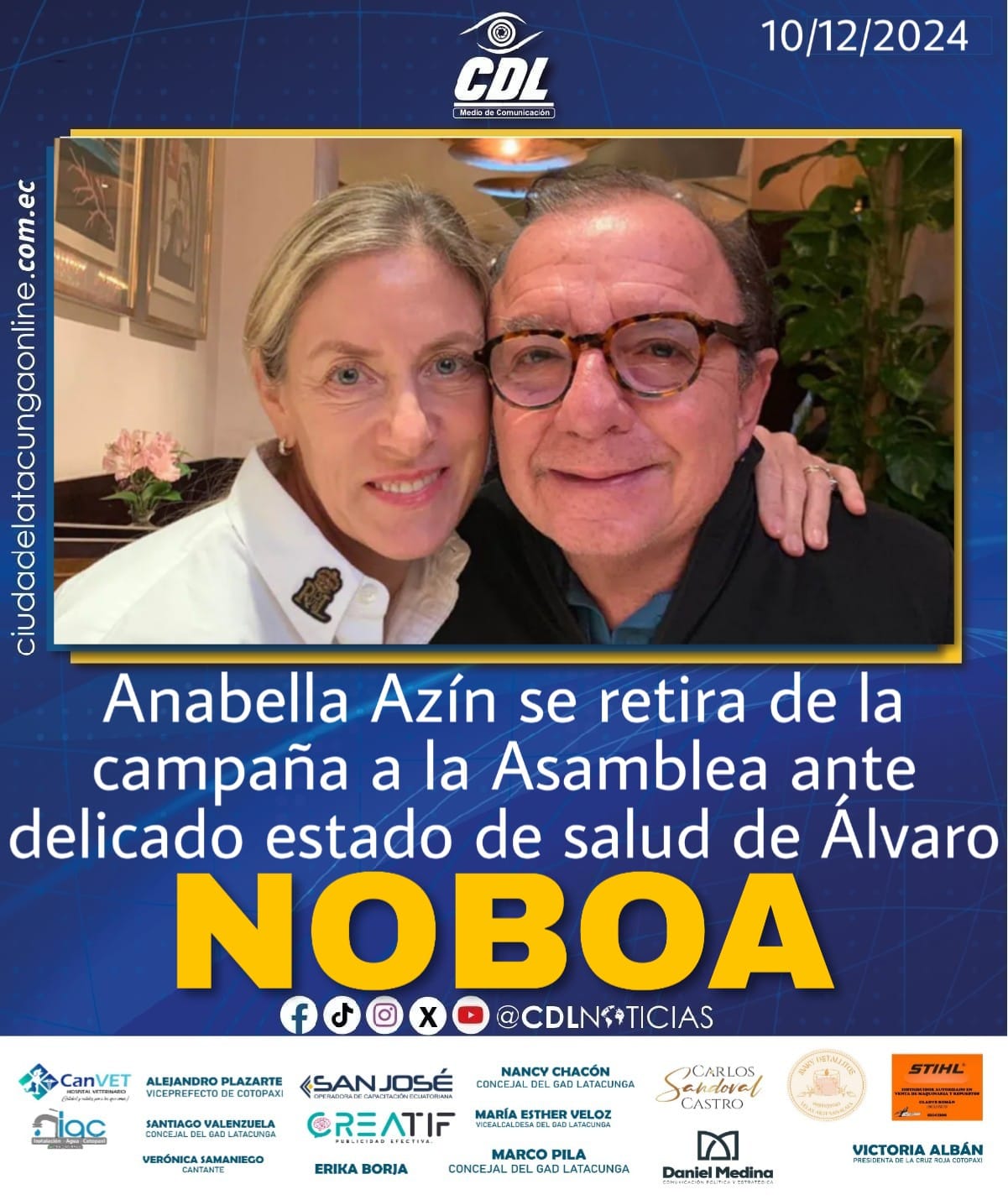 Anabella Azín se retira de la campaña a la Asamblea ante delicado estado de salud de Álvaro Noboa