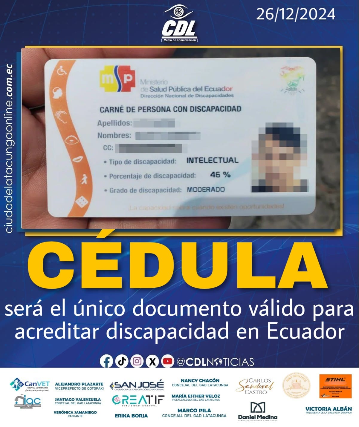 Desde el 1 de enero ya no estará vigente el carné de discapacidad y solo será válida la cédula