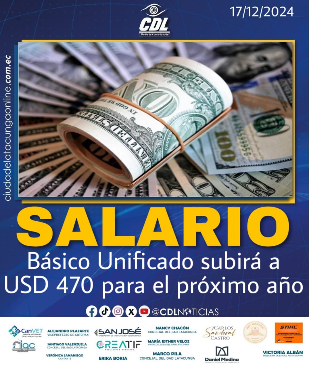 Salario Básico Unificado subirá a USD 470 para el próximo año