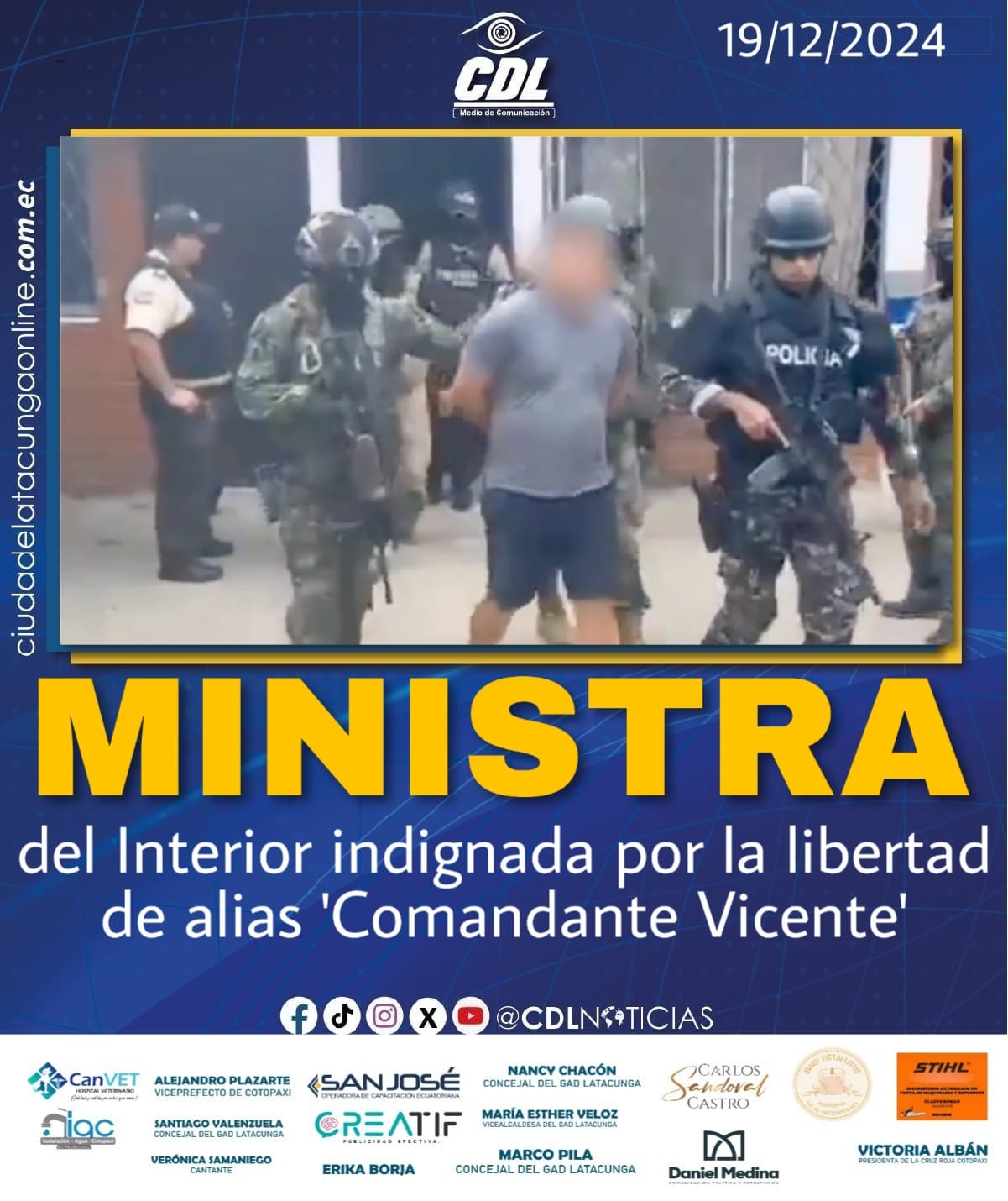 Ministra del Interior indignada por la libertad de alias ‘Comandante Vicente’