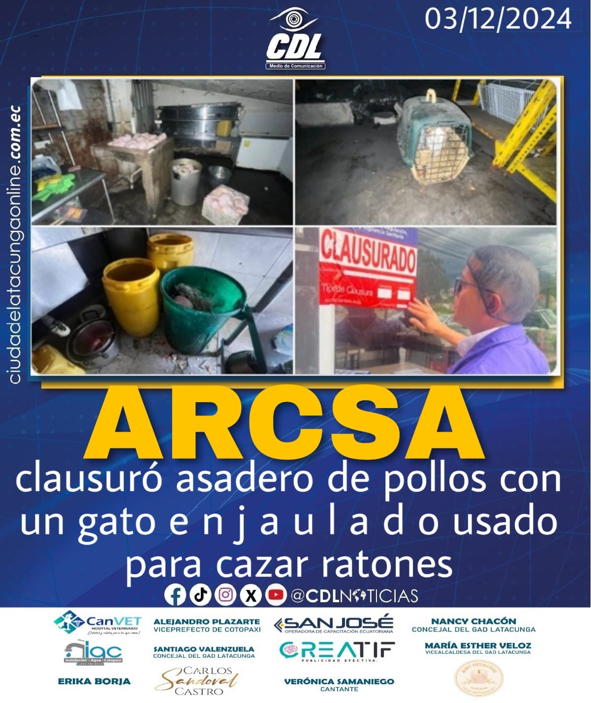 Arcsa clausuró asadero de pollos con un gato e n j a u l a d o usado para cazar ratones