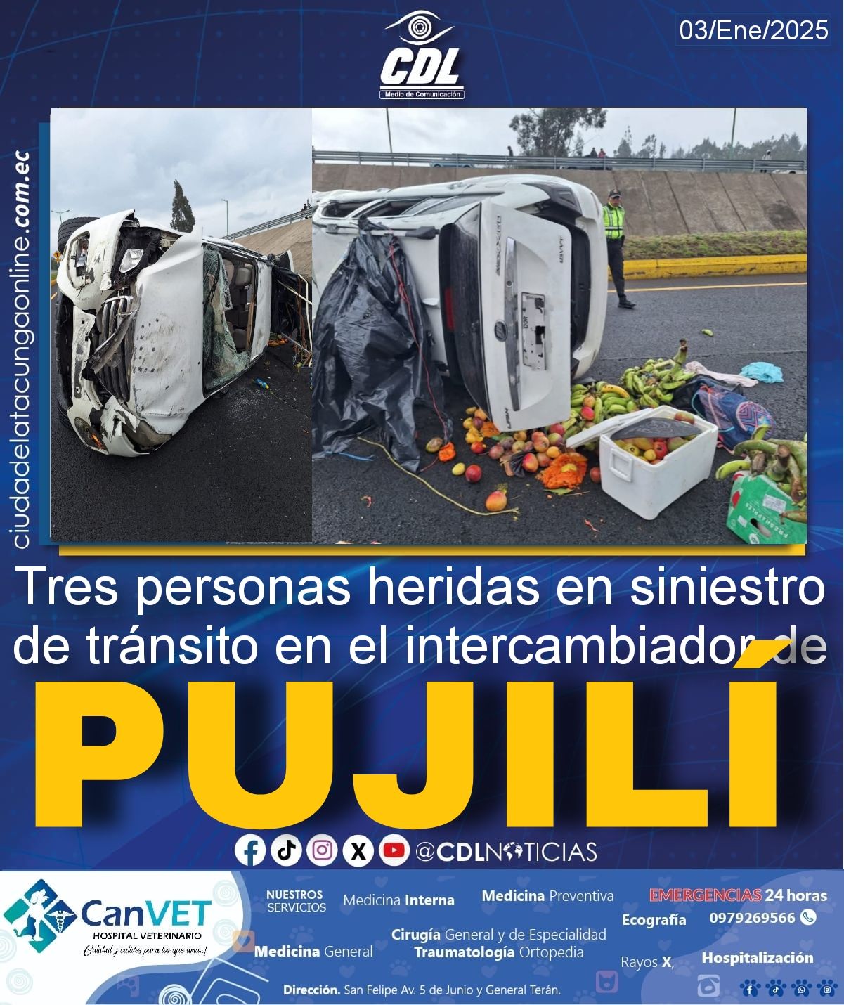 Tres personas heridas en siniestro de tránsito en el intercambiador de Pujilí