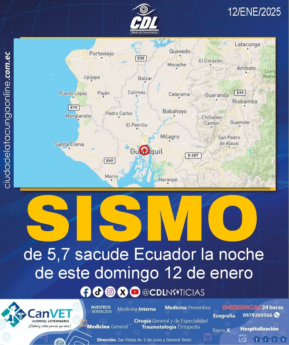 Un sismo de 5,7 sacude Ecuador la noche de este domingo 12 de enero
