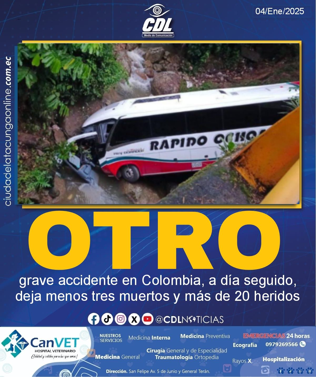 Otro grave accidente en Colombia, a día seguido, deja menos tres muertos y más de 20 heridos