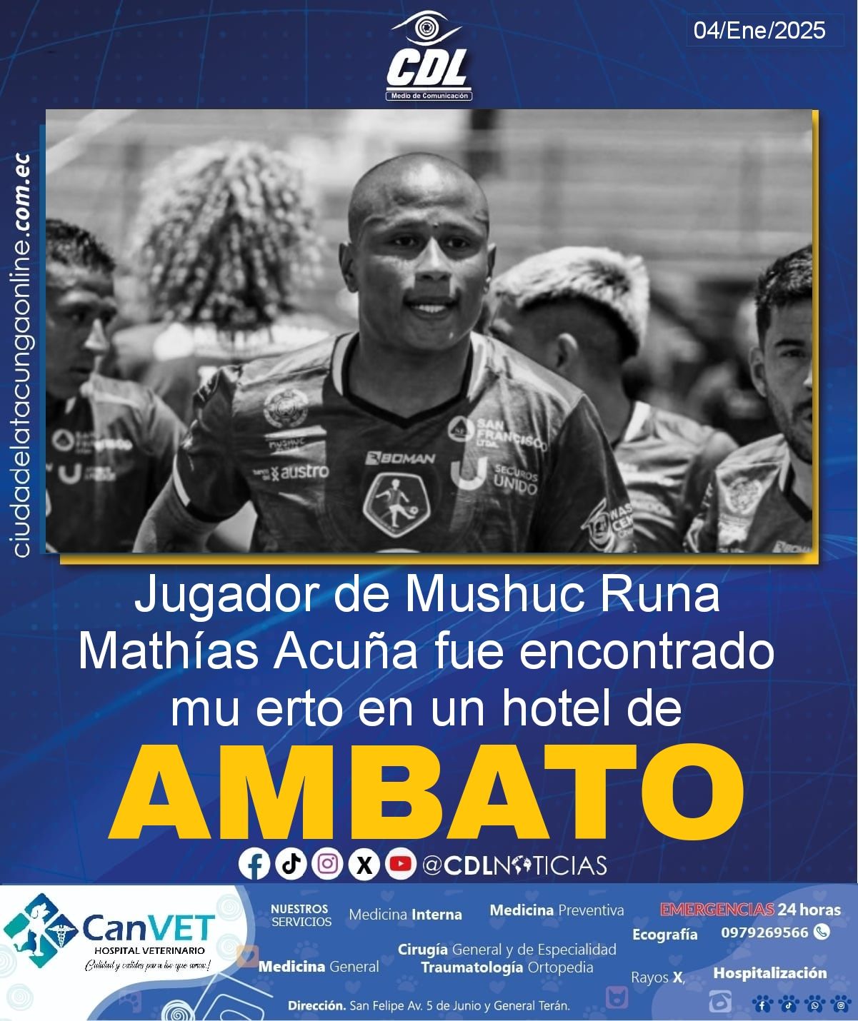 El jugador uruguayo Matías Acuña, fue hallado sin vida en el interior de un hotel de la ciudad de Ambato, la tarde del sábado 4 de enero de 2025.