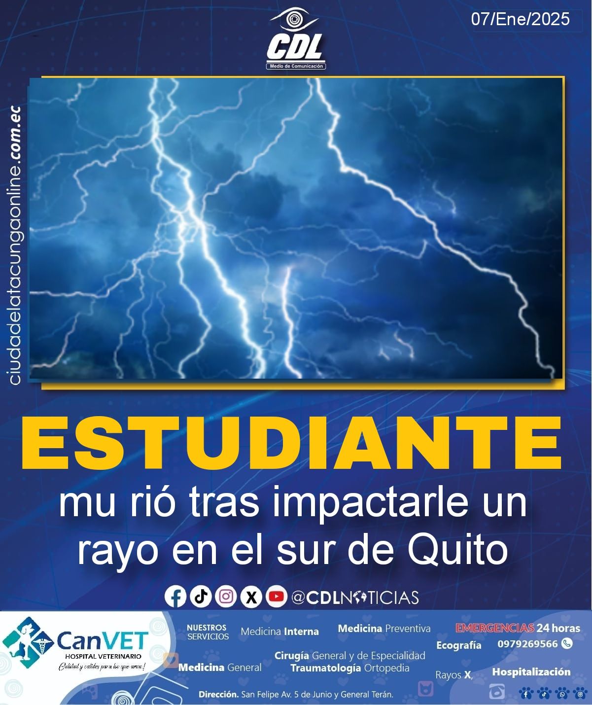 Estudiante mu rió tras impactarle un rayo en el sur de Quito