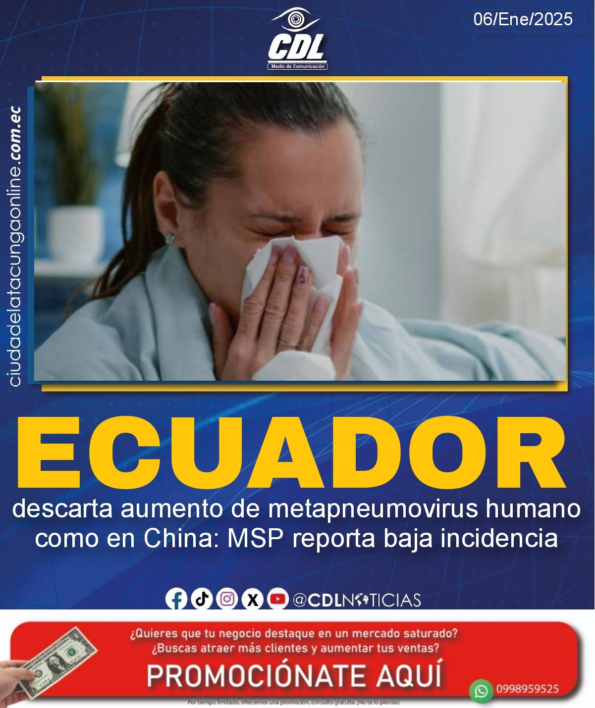 Ecuador descarta aumento de metapneumovirus humano como en China: MSP reporta baja incidencia