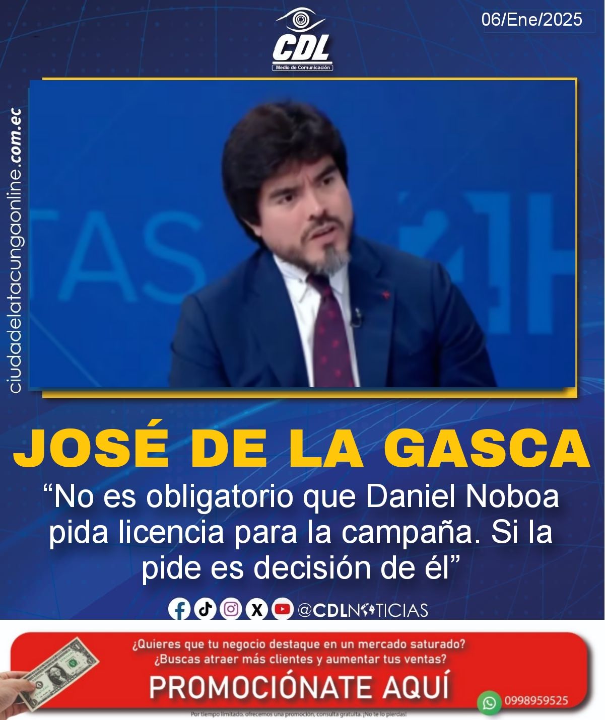 José de la Gasca: “No es obligatorio que Daniel Noboa pida licencia para la campaña. Si la pide es decisión de él”