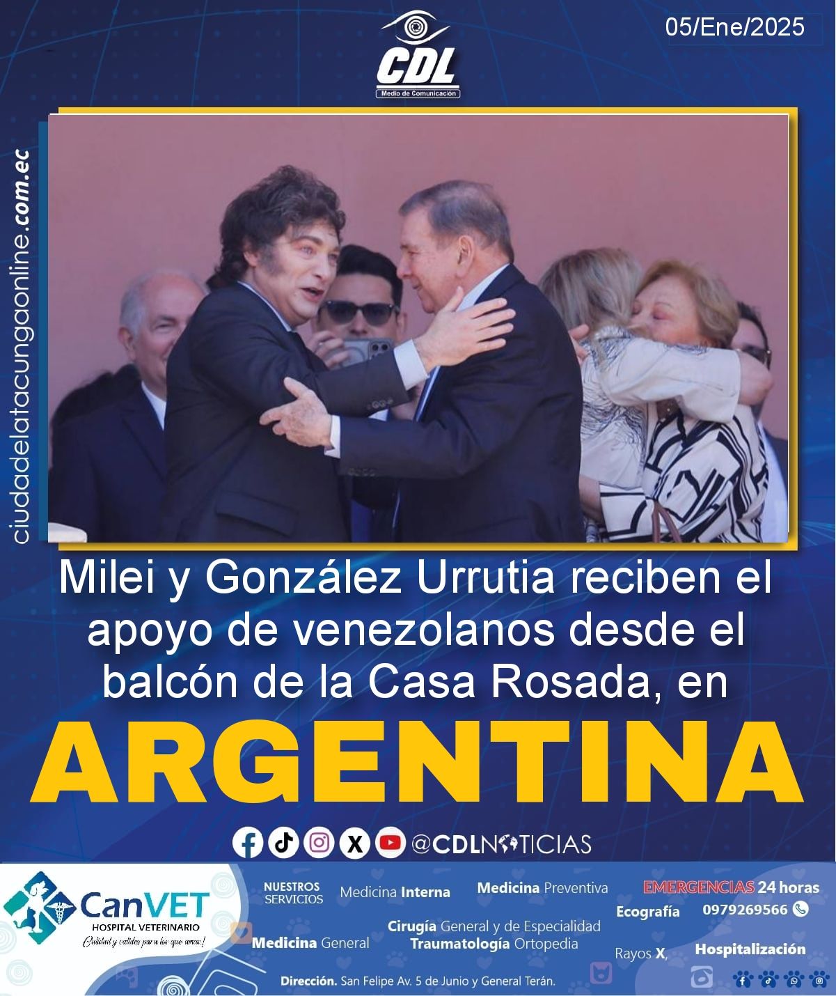 Milei y González Urrutia reciben el apoyo de venezolanos desde el balcón de la Casa Rosada, en Argentina