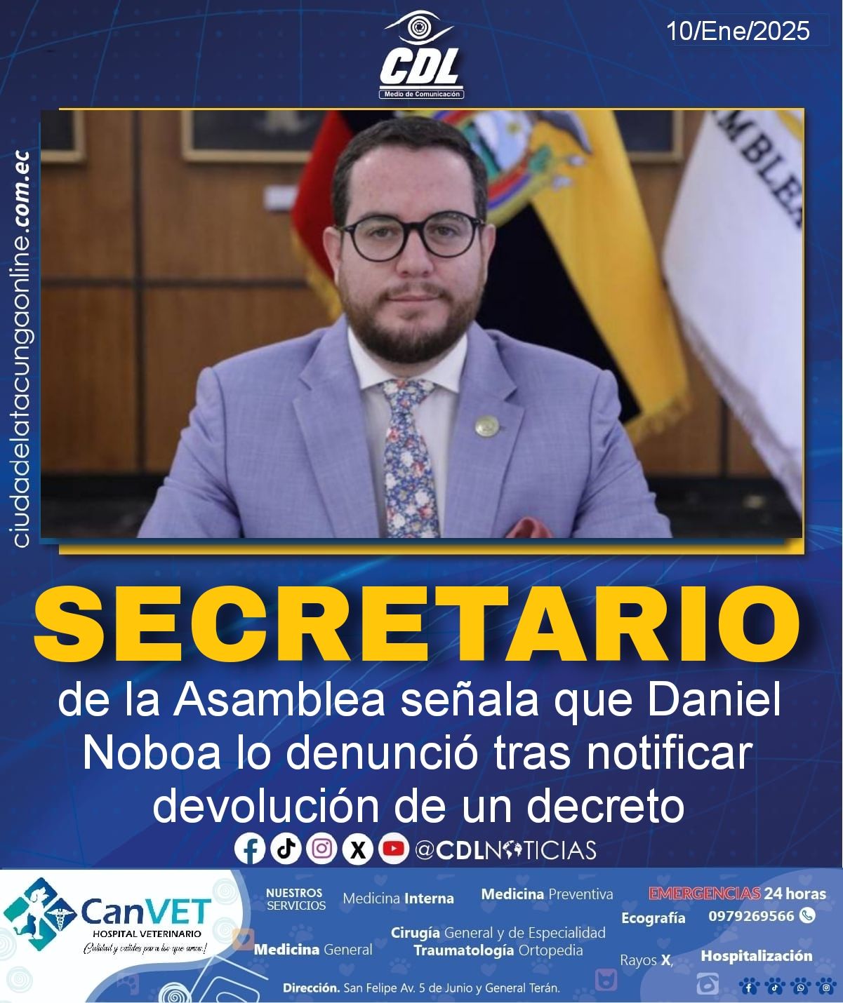 Secretario de la Asamblea señala que Daniel Noboa lo denunció tras notificar devolución de un decreto