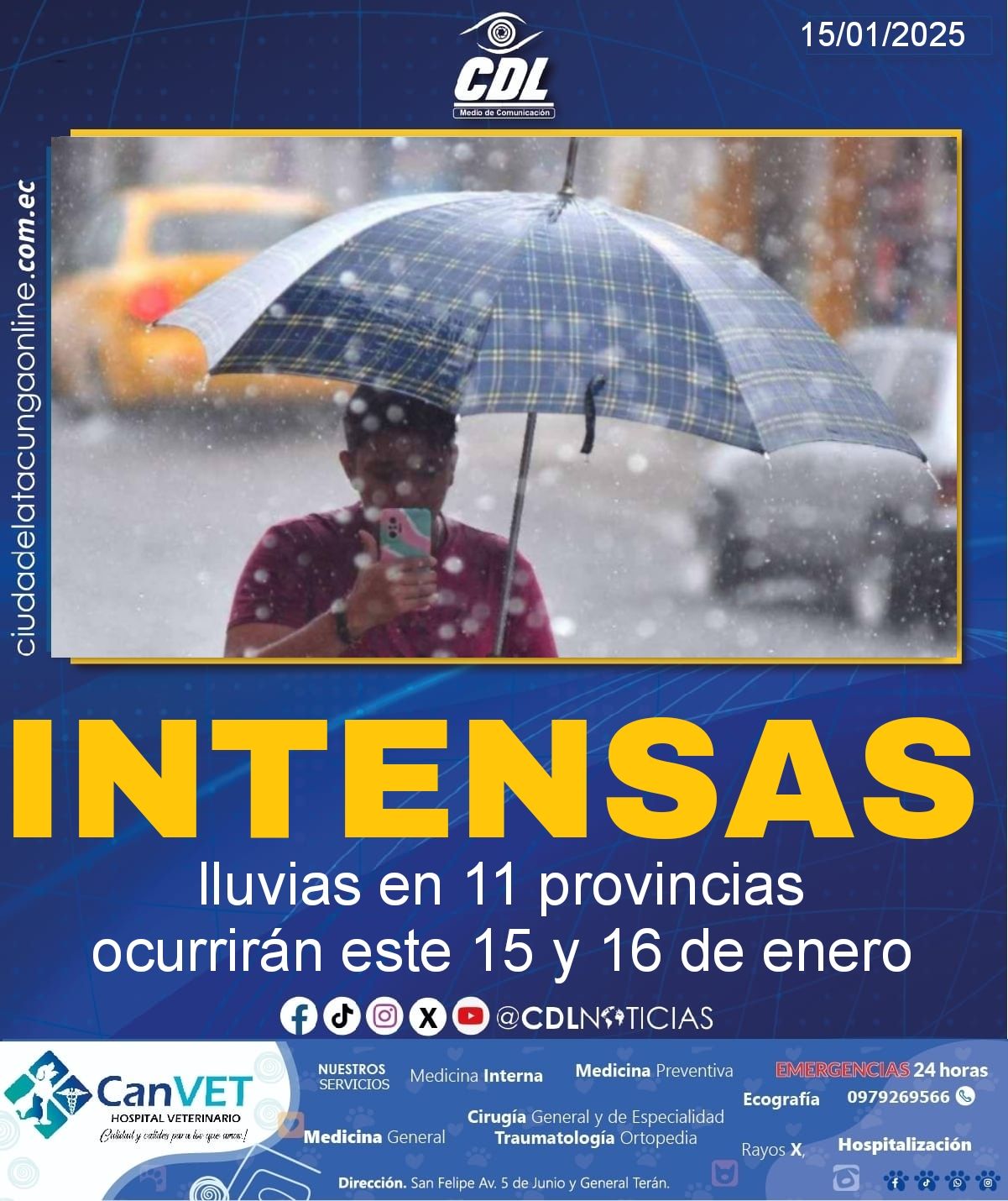 Intensas lluvias en 11 provincias ocurrirán este 15 y 16 de enero